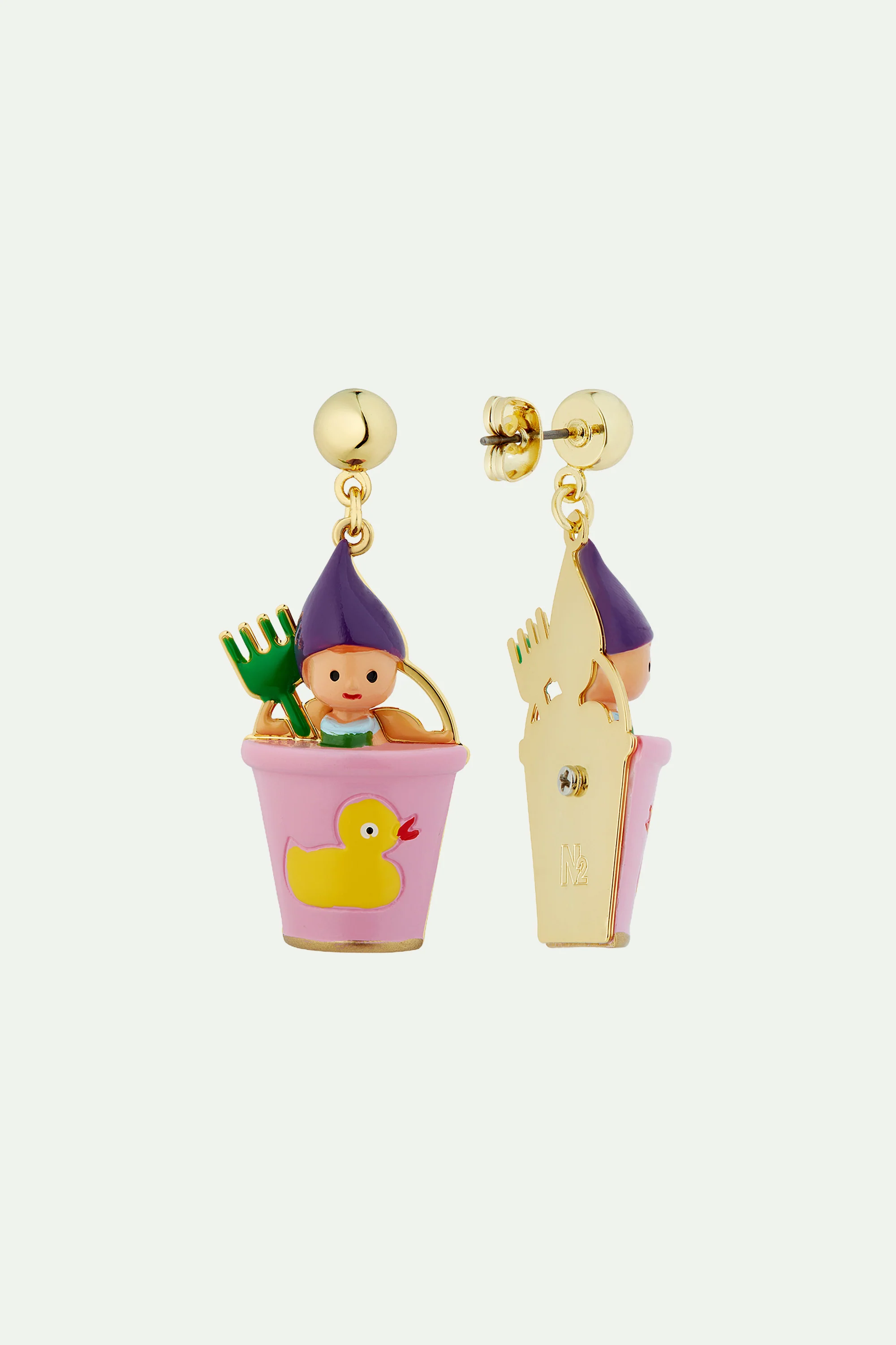 Boucles d'oreilles nain, râteau vert et sceau rose - Image 3