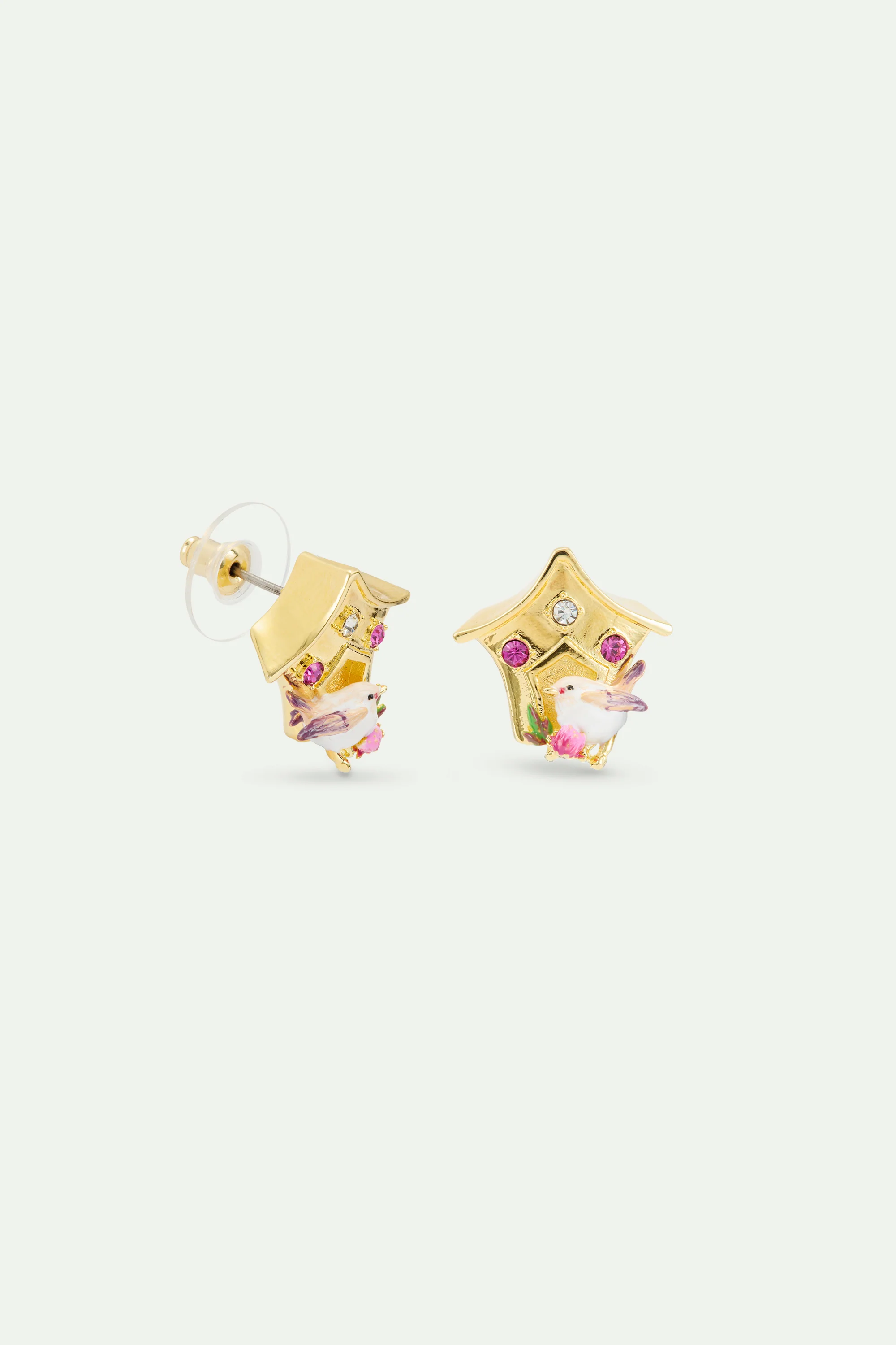 Boucles d'oreilles nichoir, plectrophane des neiges et cristaux roses - Image 3
