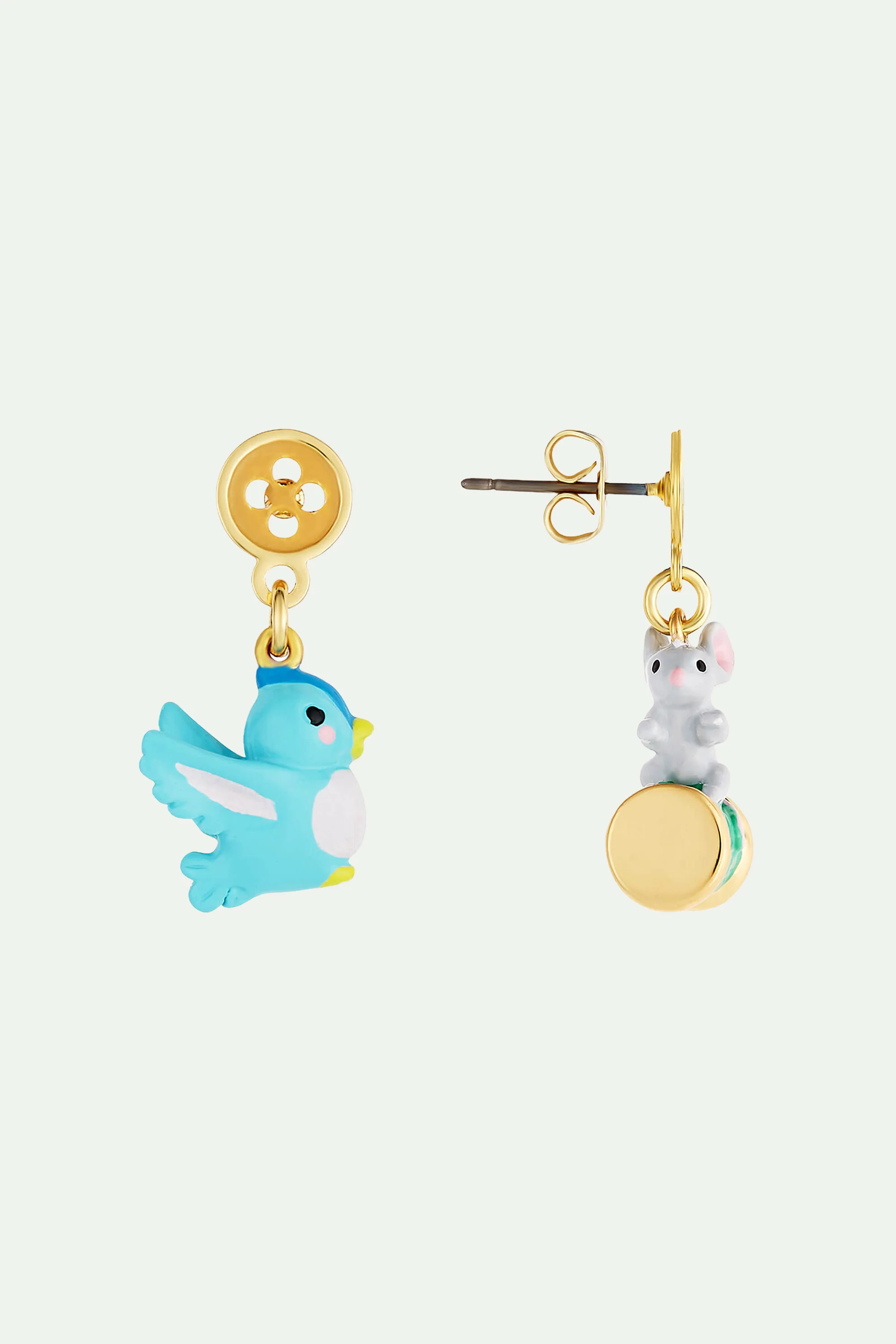 Boucles d'oreilles oiseau, souris, bouton et bobine de fil - Image 3