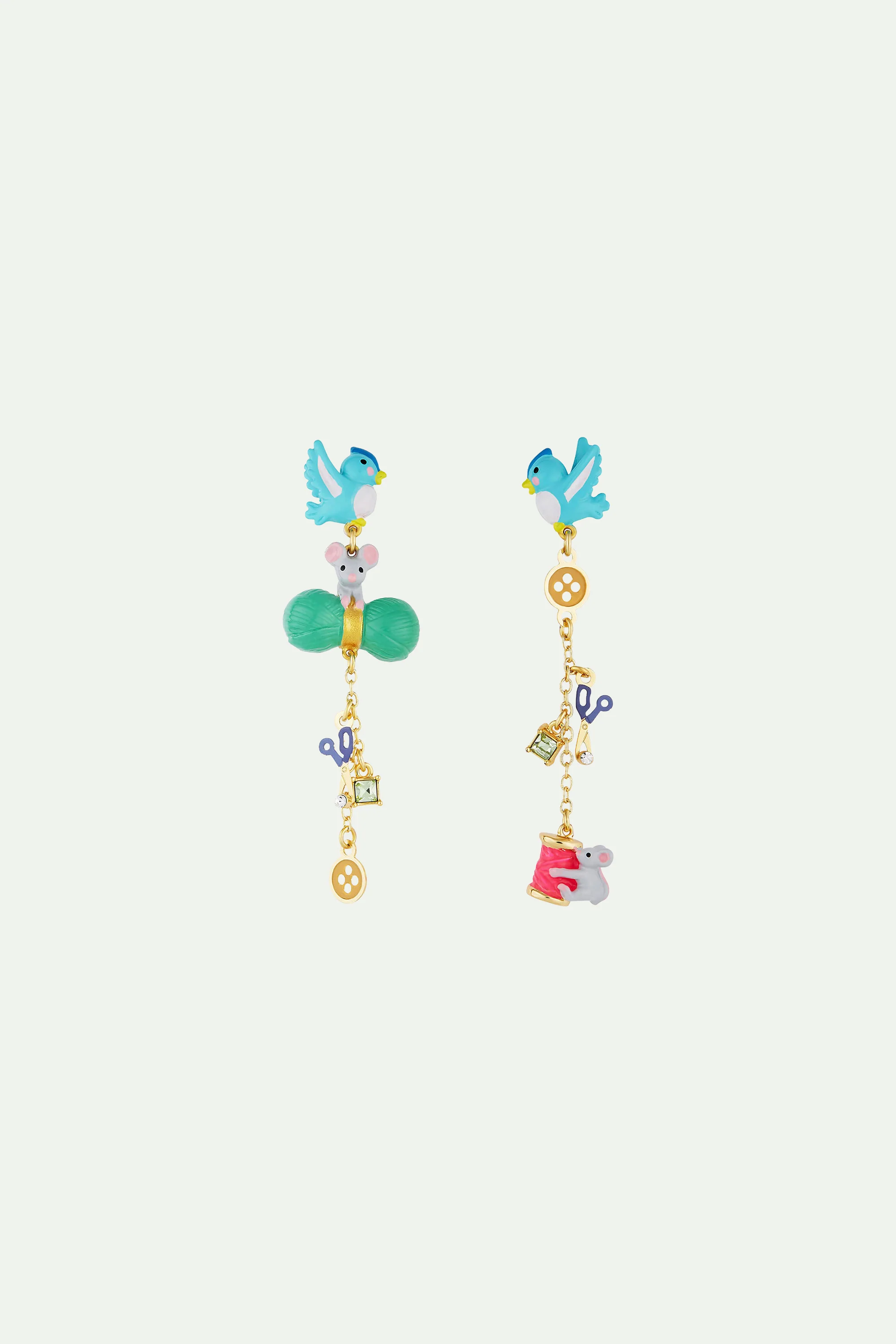 Boucles d'oreilles oiseau, souris, laine, ciseau, bouton bobine de fil et cristal taillé