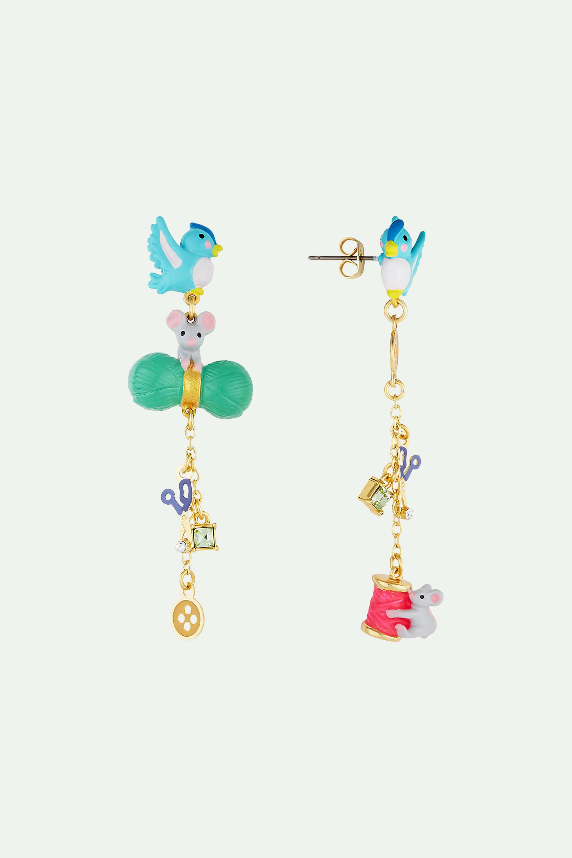 Boucles d'oreilles oiseau, souris, laine, ciseau, bouton bobine de fil et cristal taillé - Image 3