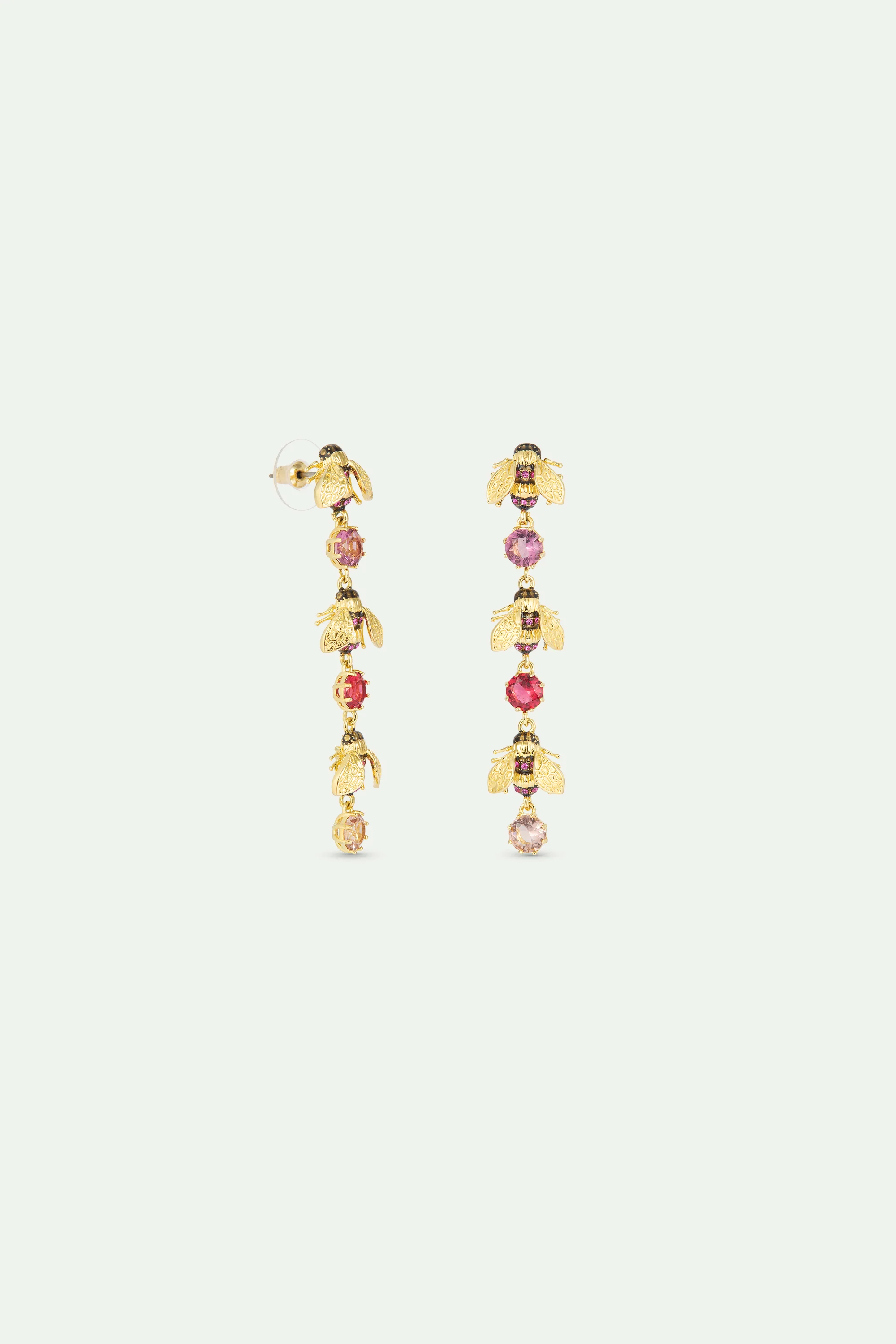 Boucles d'oreilles pendantes abeilles dorées et pierres rondes roses - Image 3