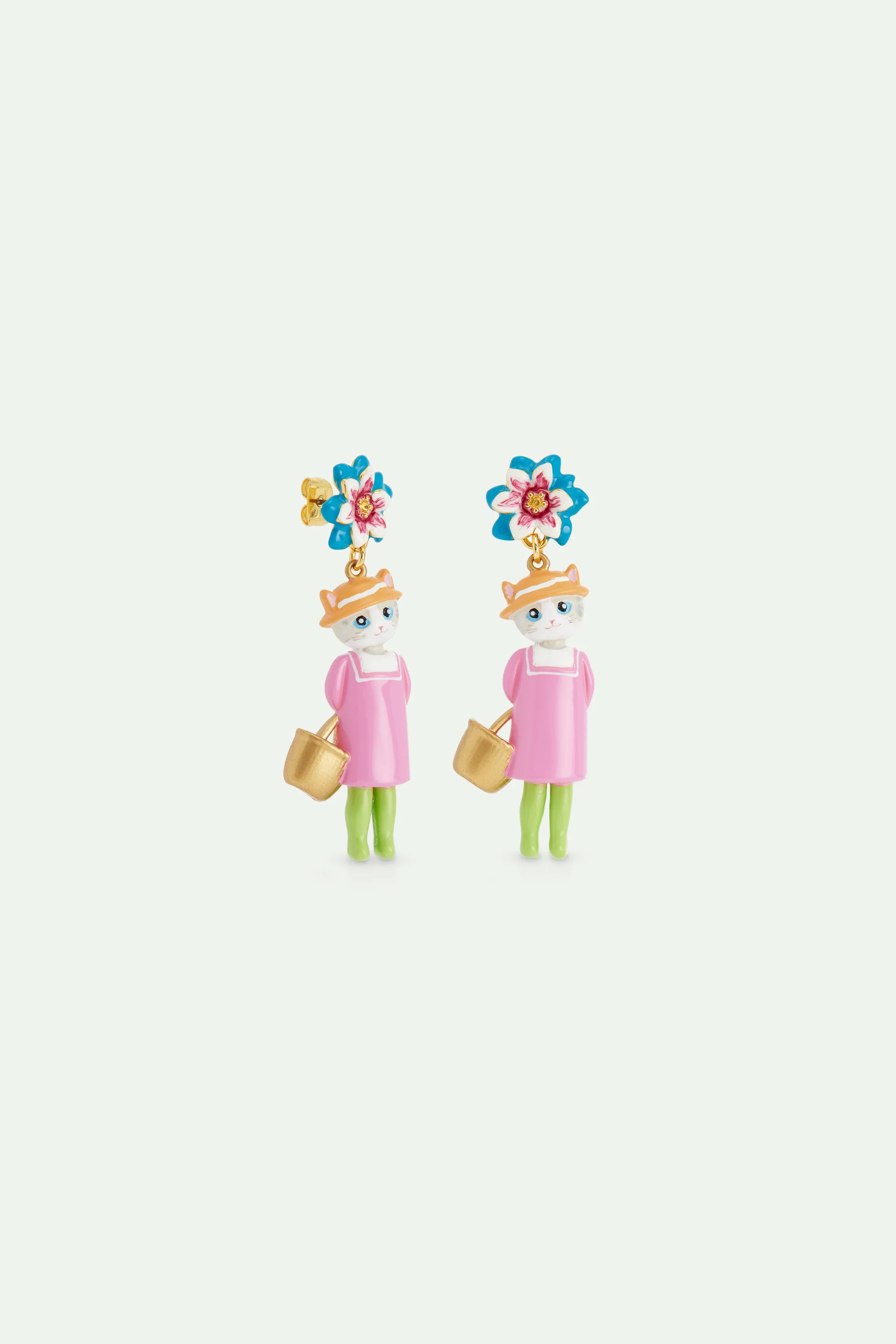 Boucles d'oreilles pendantes chat gris et fleur bleue - Image 3