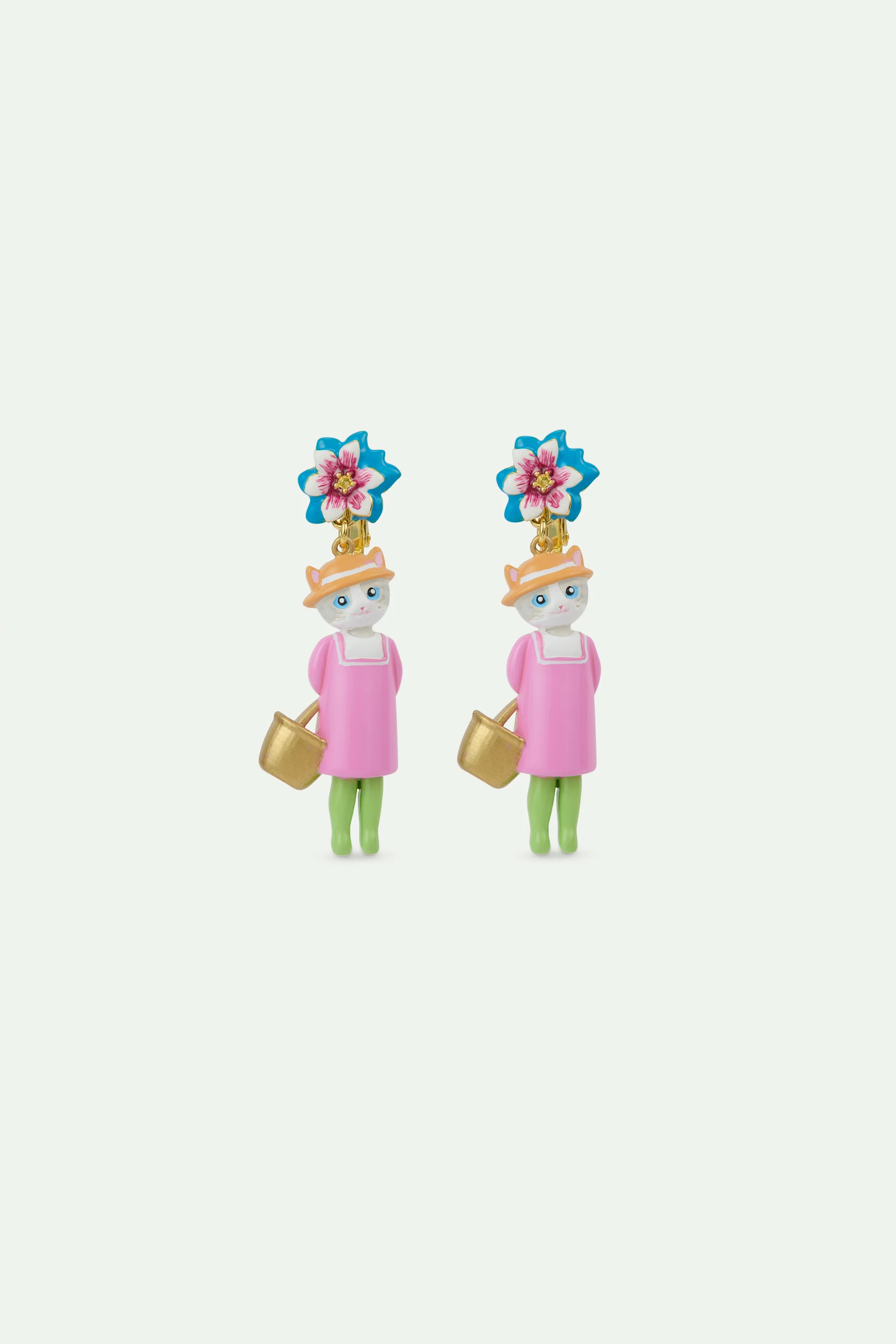 Boucles d'oreilles pendantes chat gris et fleur bleue - Image 4