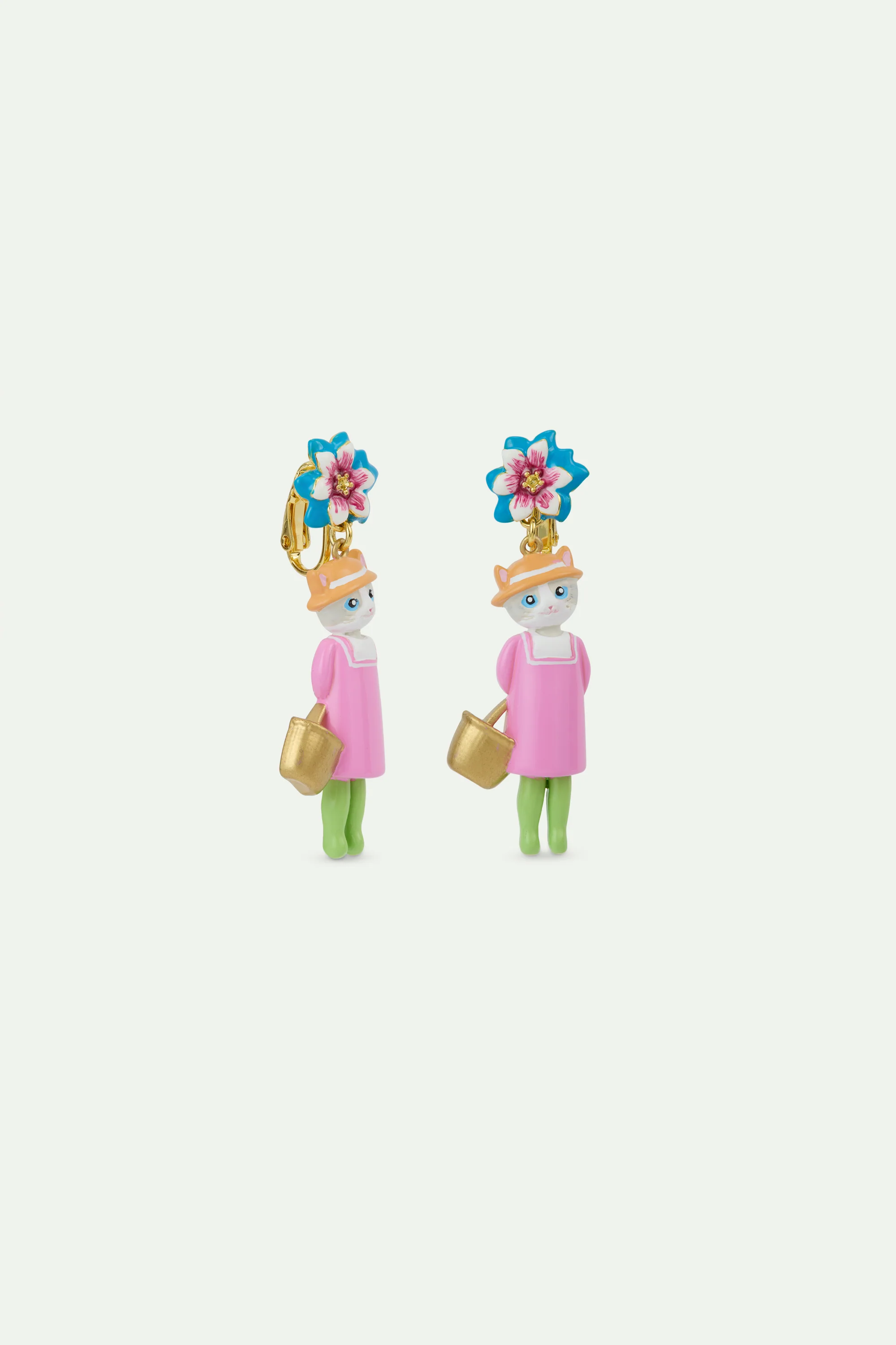 Boucles d'oreilles pendantes chat gris et fleur bleue - Image 5