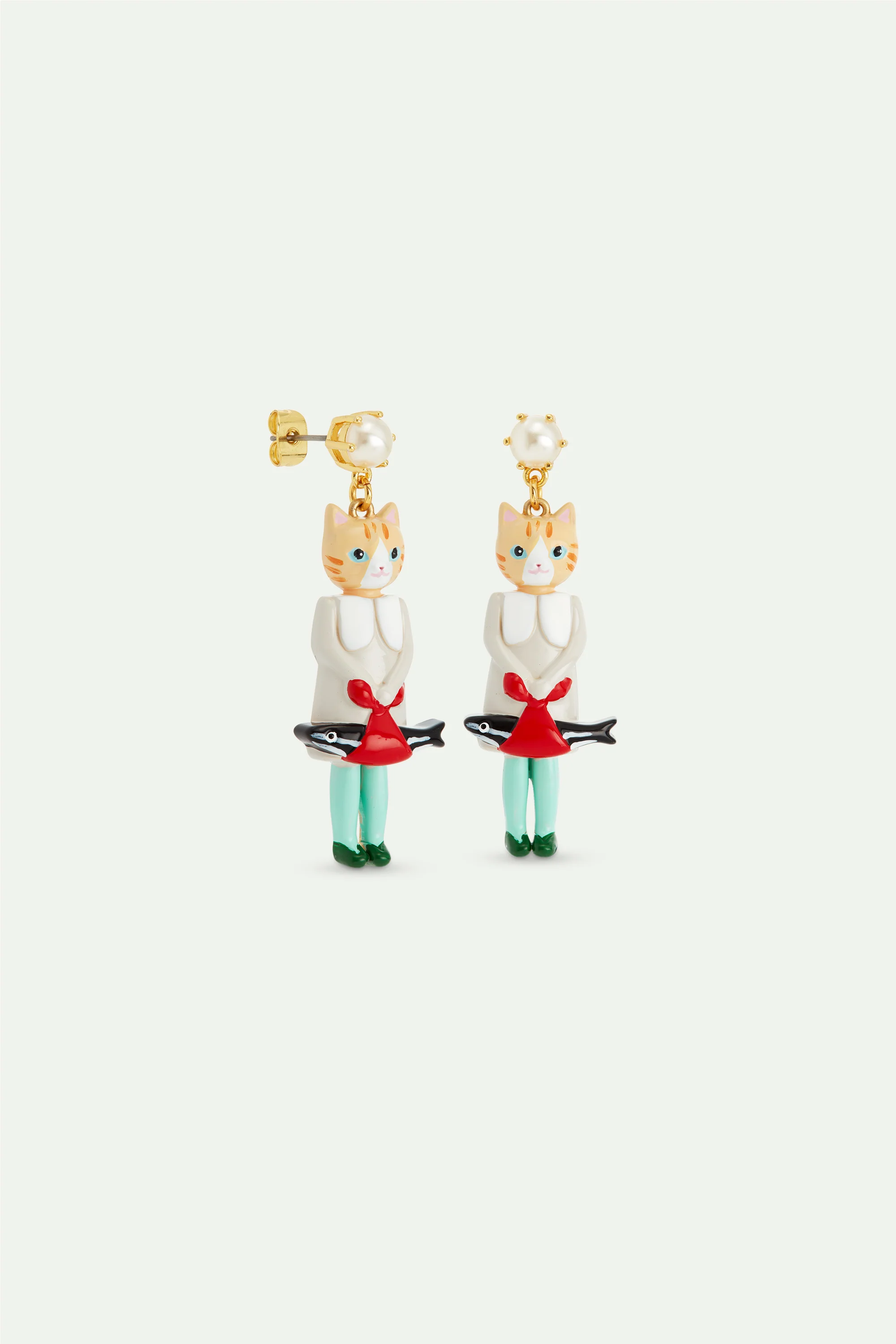 Boucles d'oreilles pendantes chat roux et poisson - Image 2