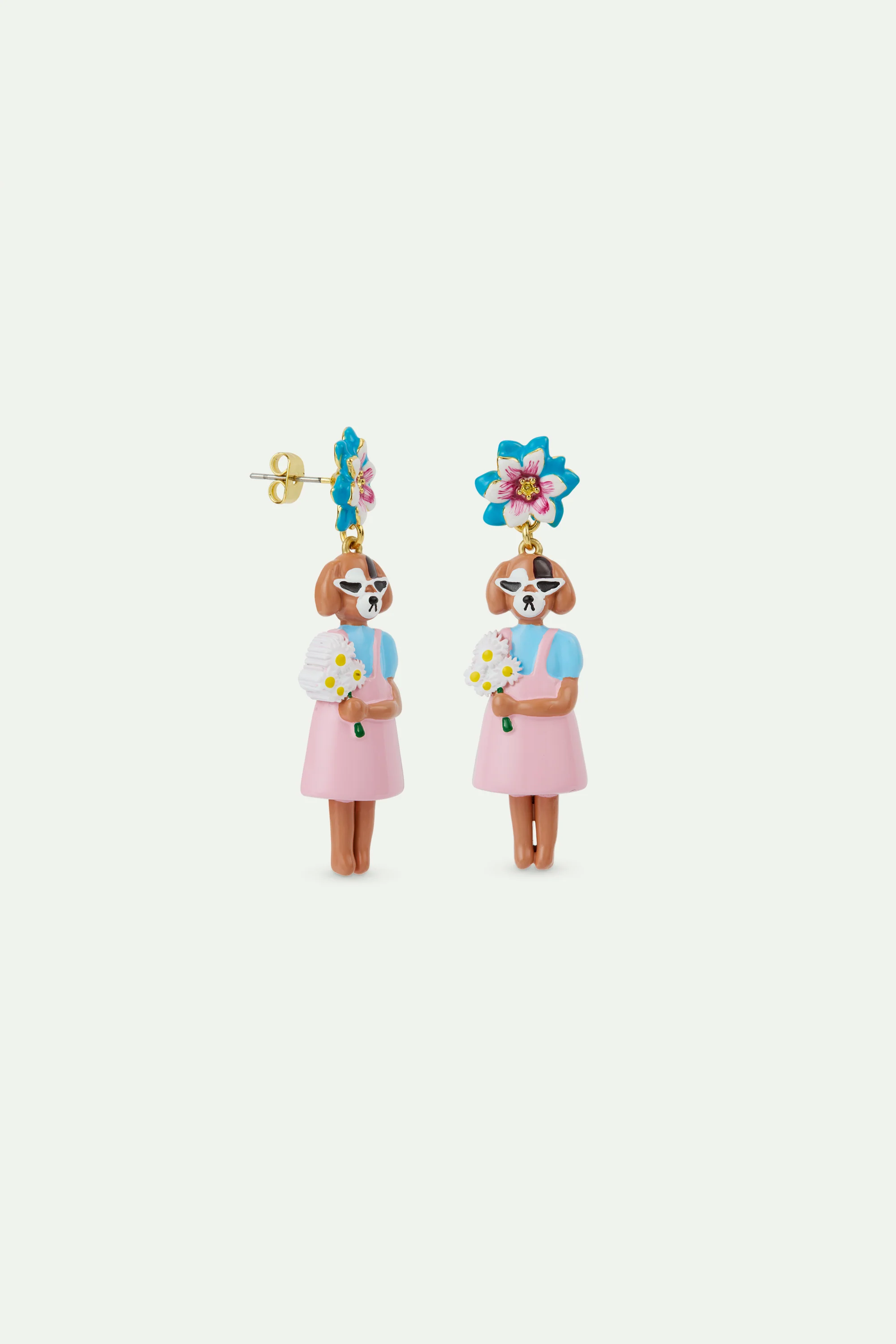 Boucles d'oreilles pendantes chien et fleur bleue - Image 3