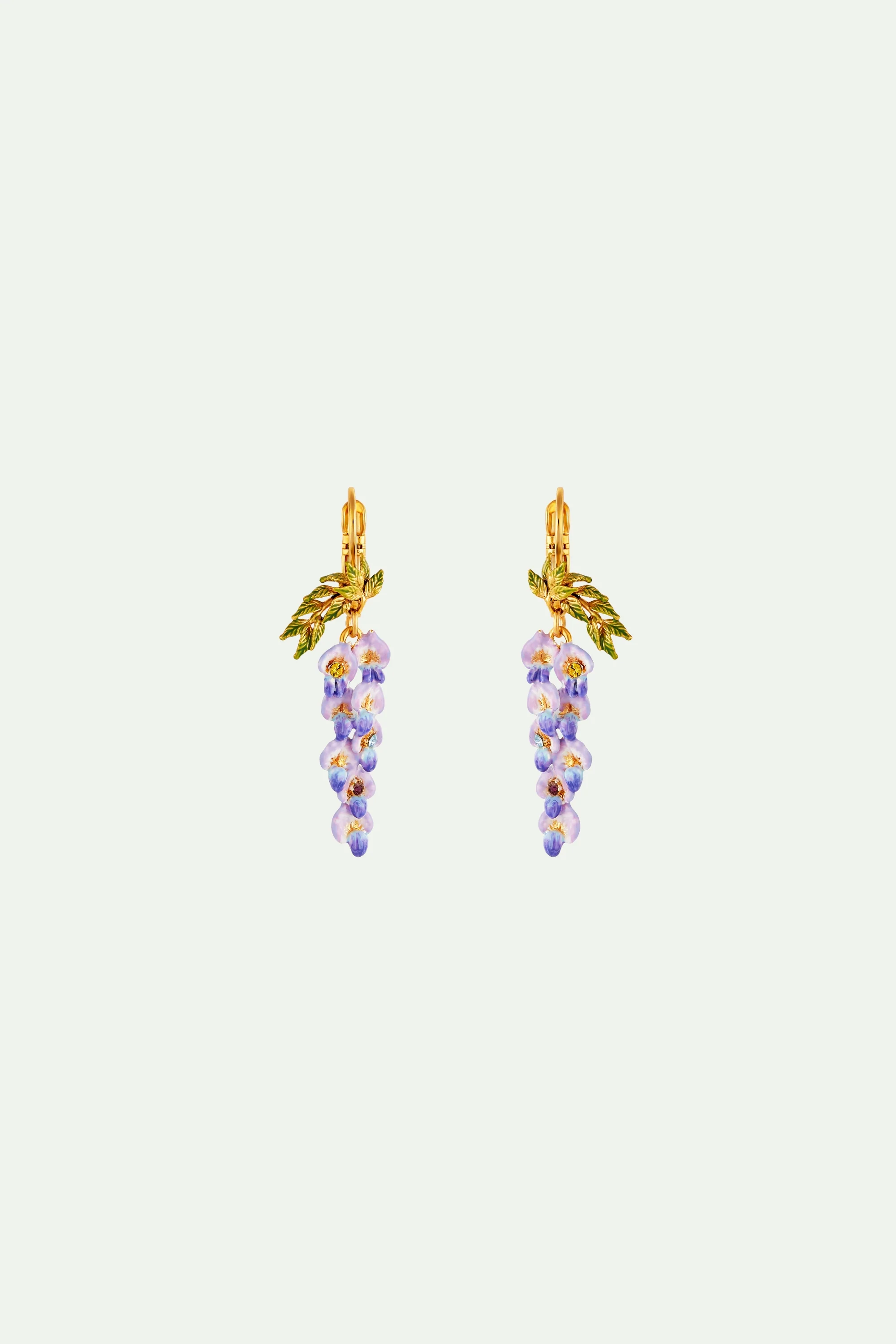 Boucles d'oreilles pendantes dormeuses fleur de glycine et feuillage