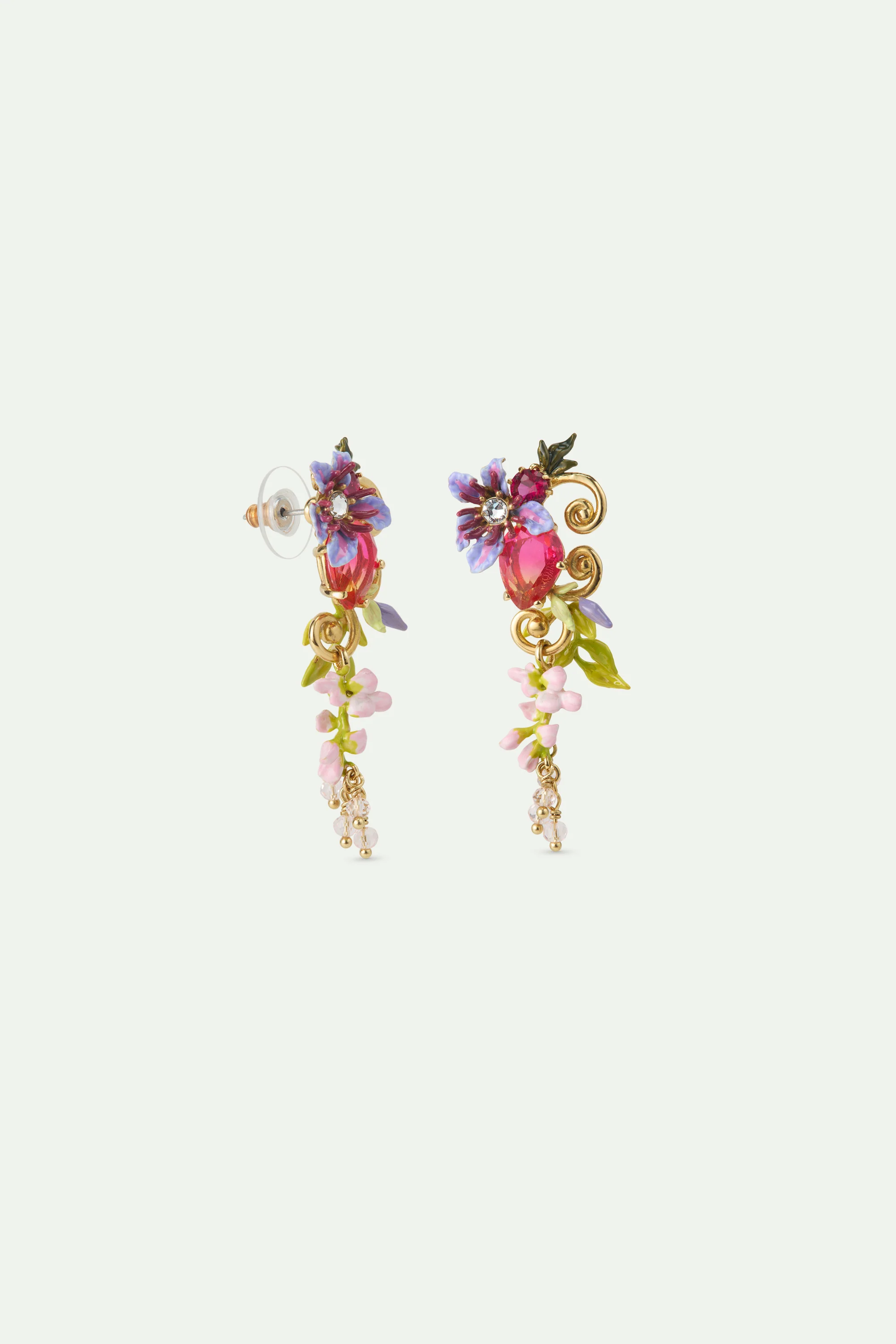 Boucles d'oreilles pendantes pierre rose, fleurs et glycine sur arabesque dorée - Image 4