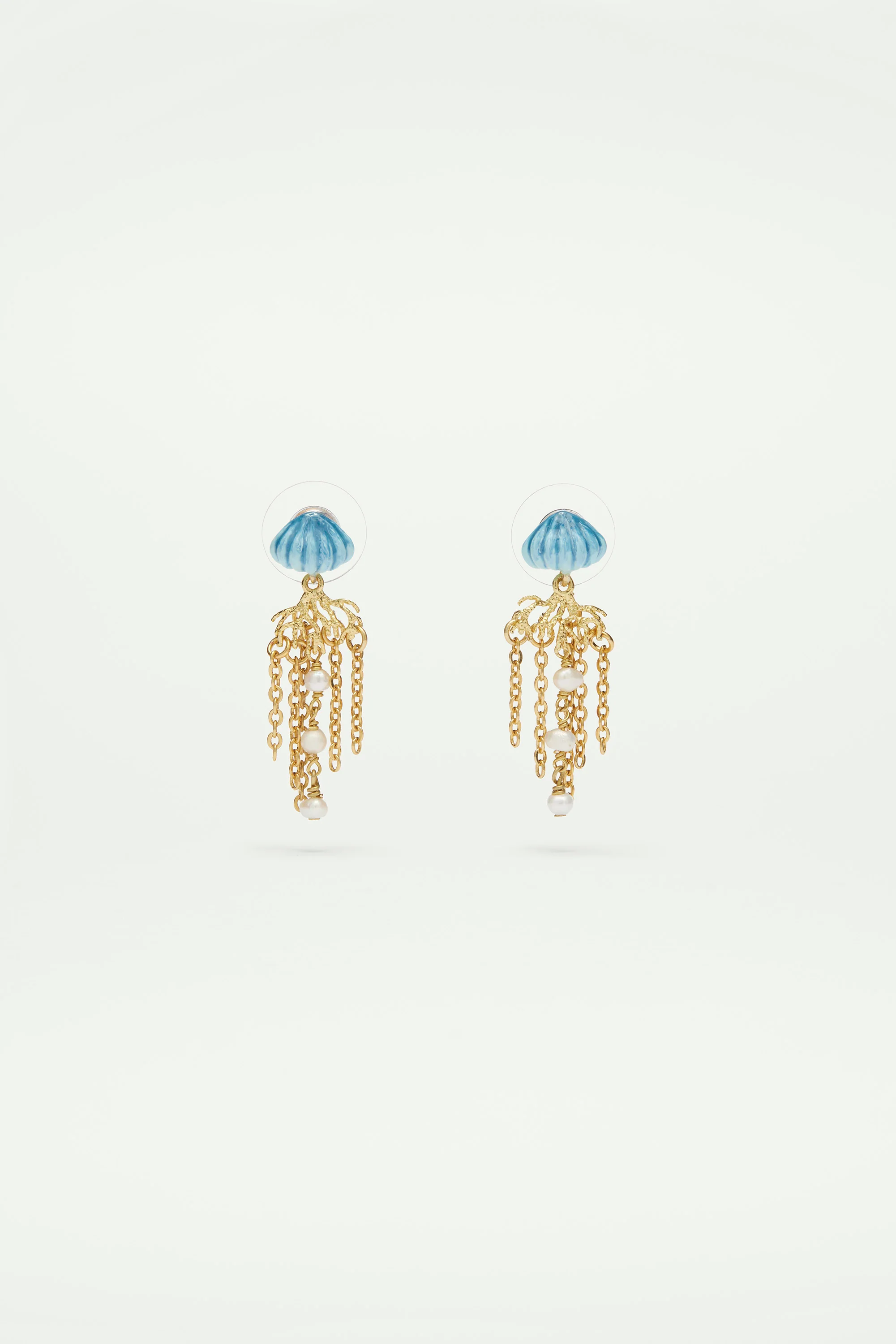 Boucles d'oreilles pendantes tiges méduse bleue et dorée