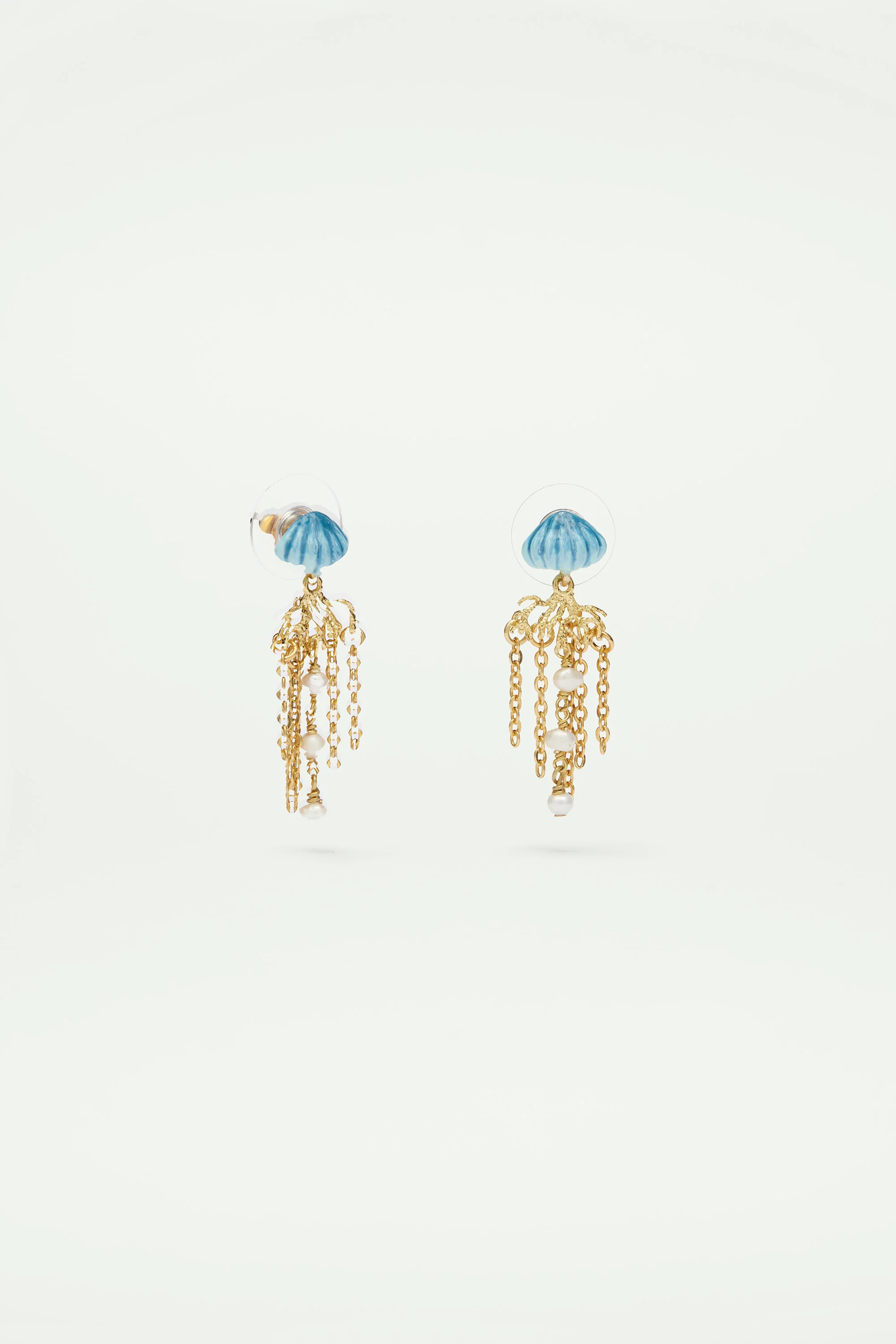Boucles d'oreilles pendantes tiges méduse bleue et dorée - Image 3