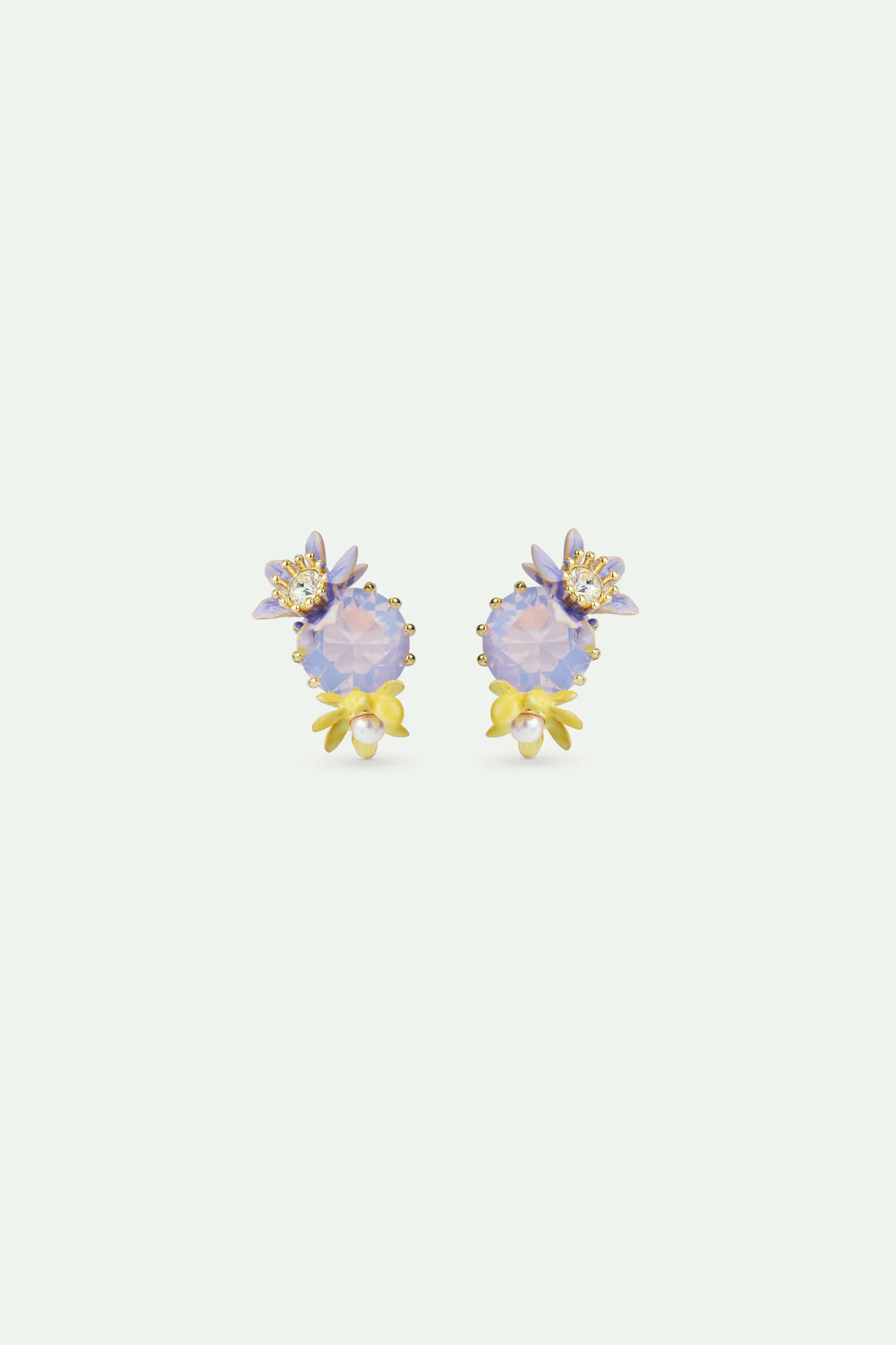 Boucles d'oreilles pierre ronde en verre facetté violet et fleurs de magnolia