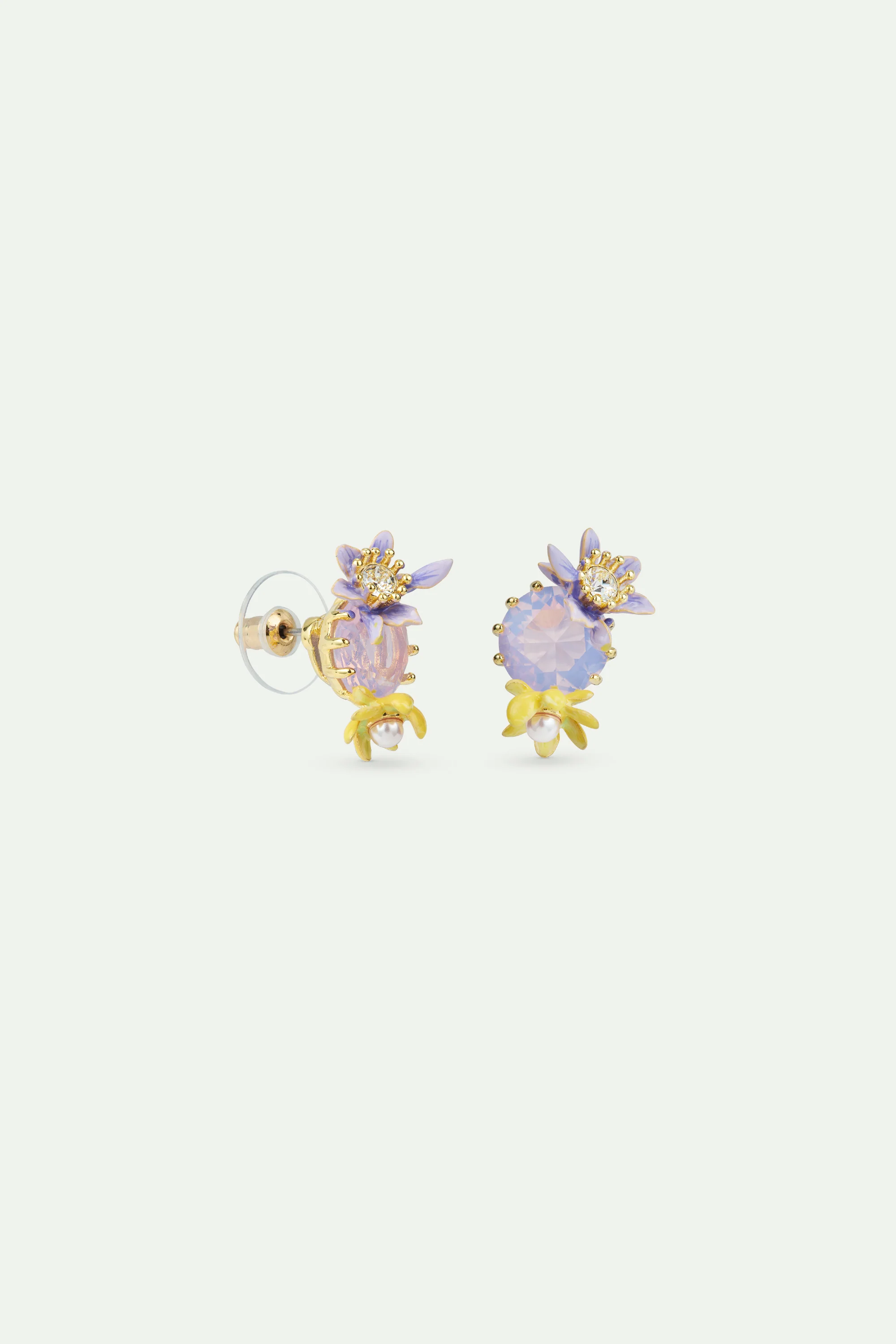 Boucles d'oreilles pierre ronde en verre facetté violet et fleurs de magnolia - Image 2