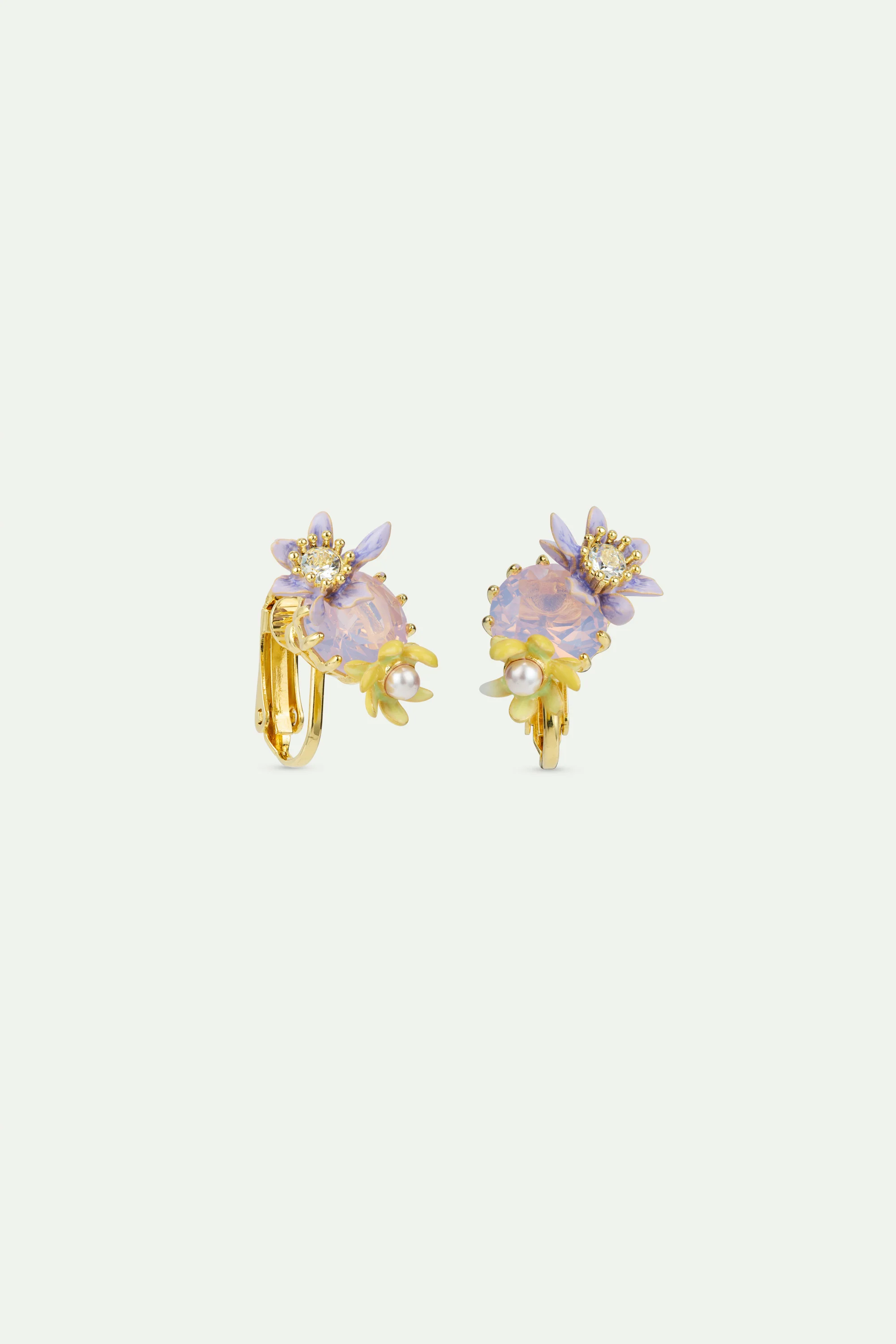 Boucles d'oreilles pierre ronde en verre facetté violet et fleurs de magnolia - Image 3