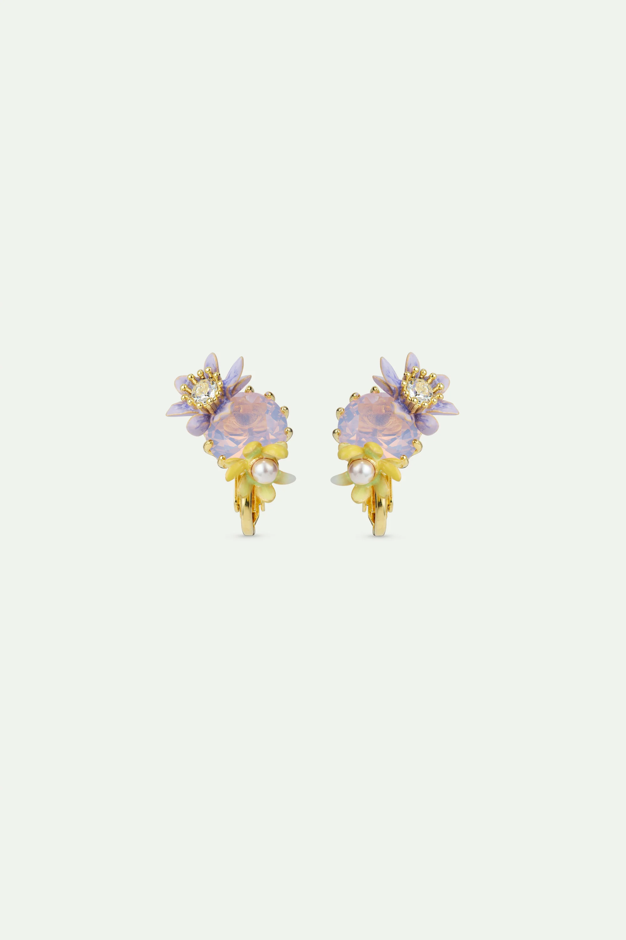 Boucles d'oreilles pierre ronde en verre facetté violet et fleurs de magnolia - Image 4