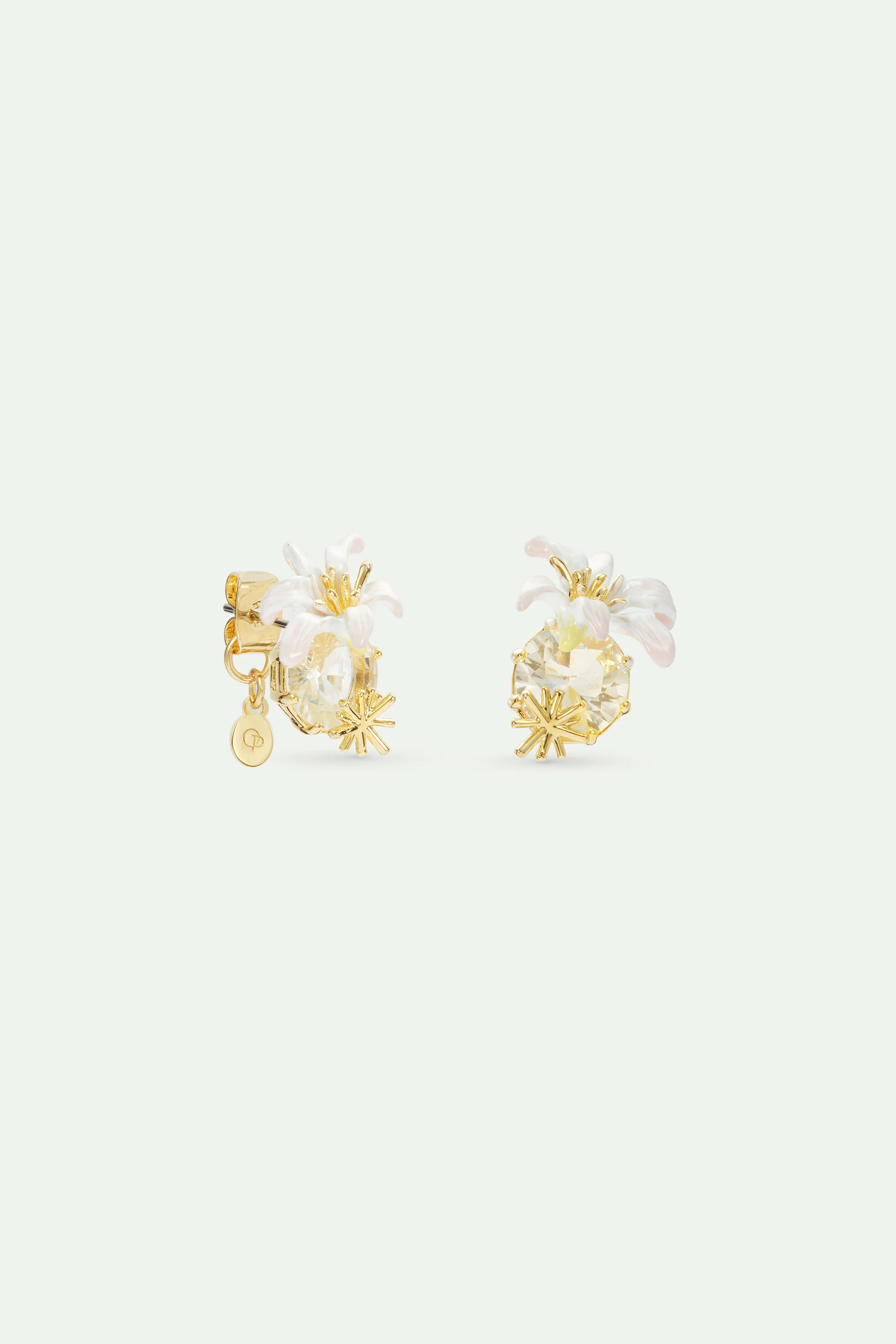 Boucles d'oreilles pierre ronde facettée et Fleur de Lys blanche - Image 2