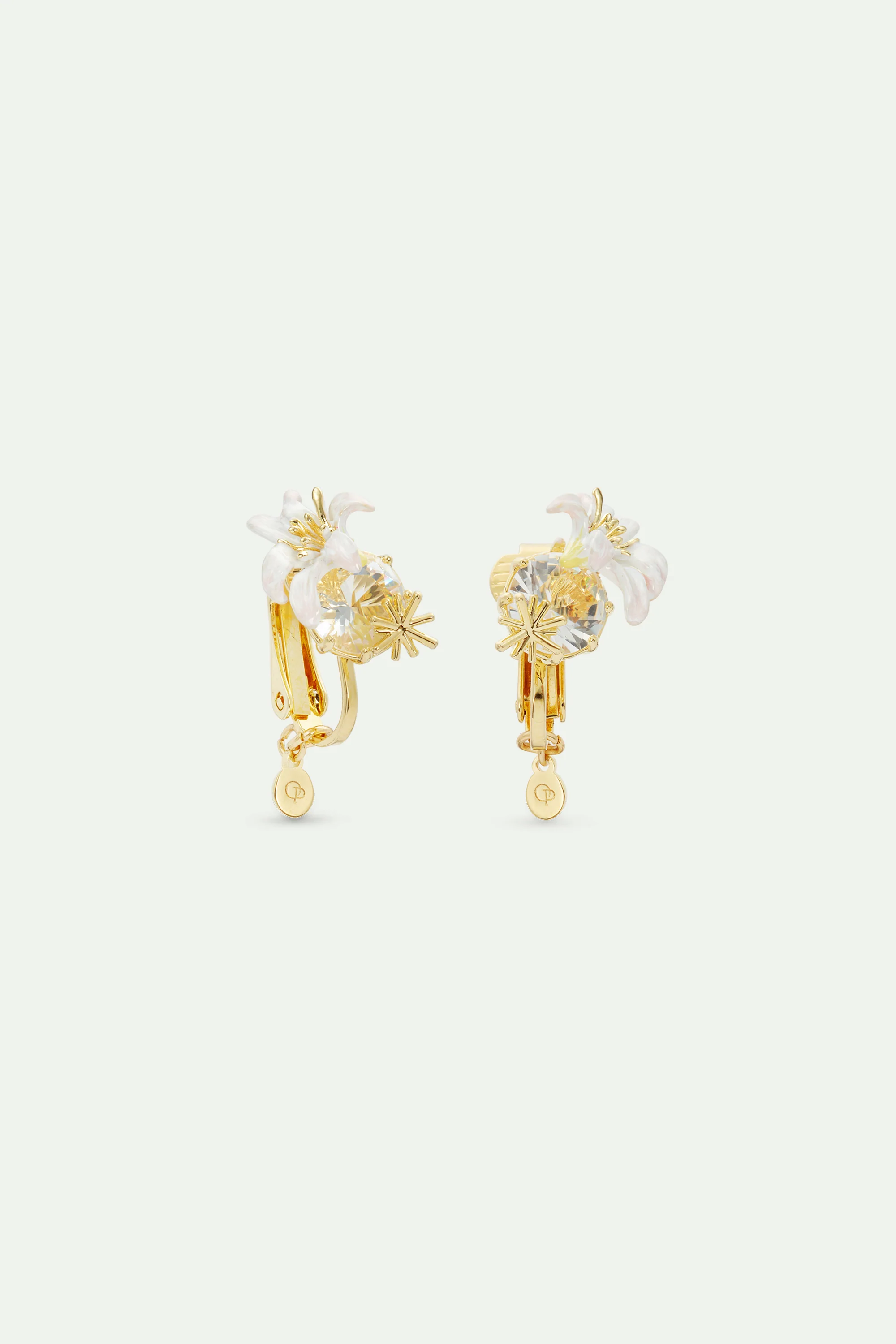 Boucles d'oreilles pierre ronde facettée et Fleur de Lys blanche - Image 4