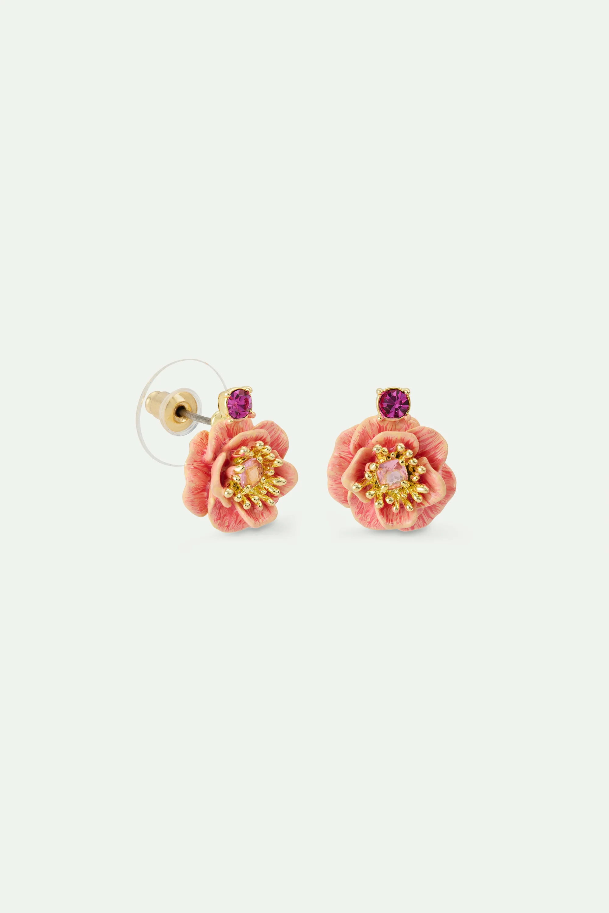 Boucles d'oreilles tiges anémone rose et cristal - Image 3