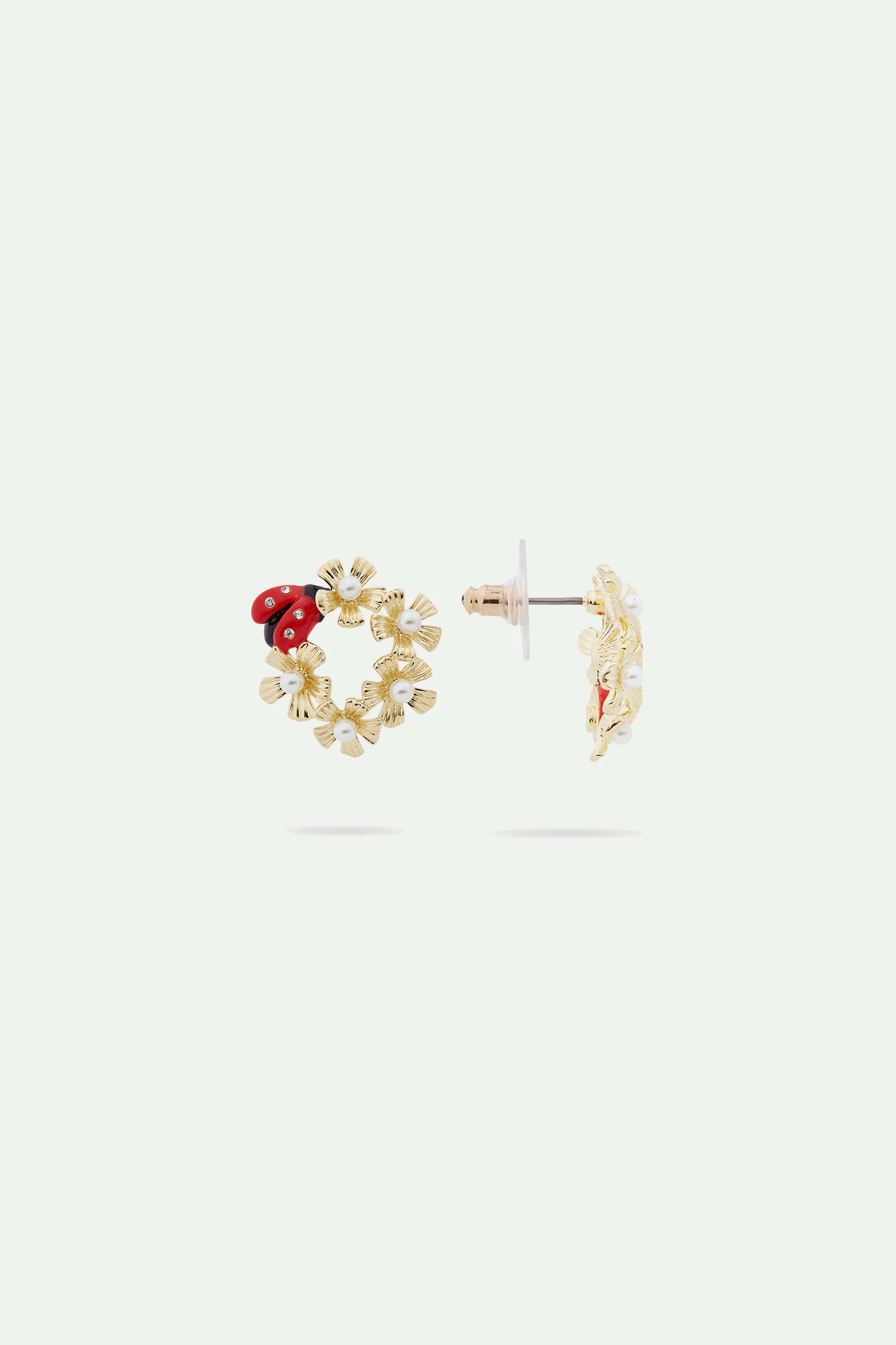 Boucles d'oreilles tiges asymétriques auréole d'anémones et coccinelle - Image 2