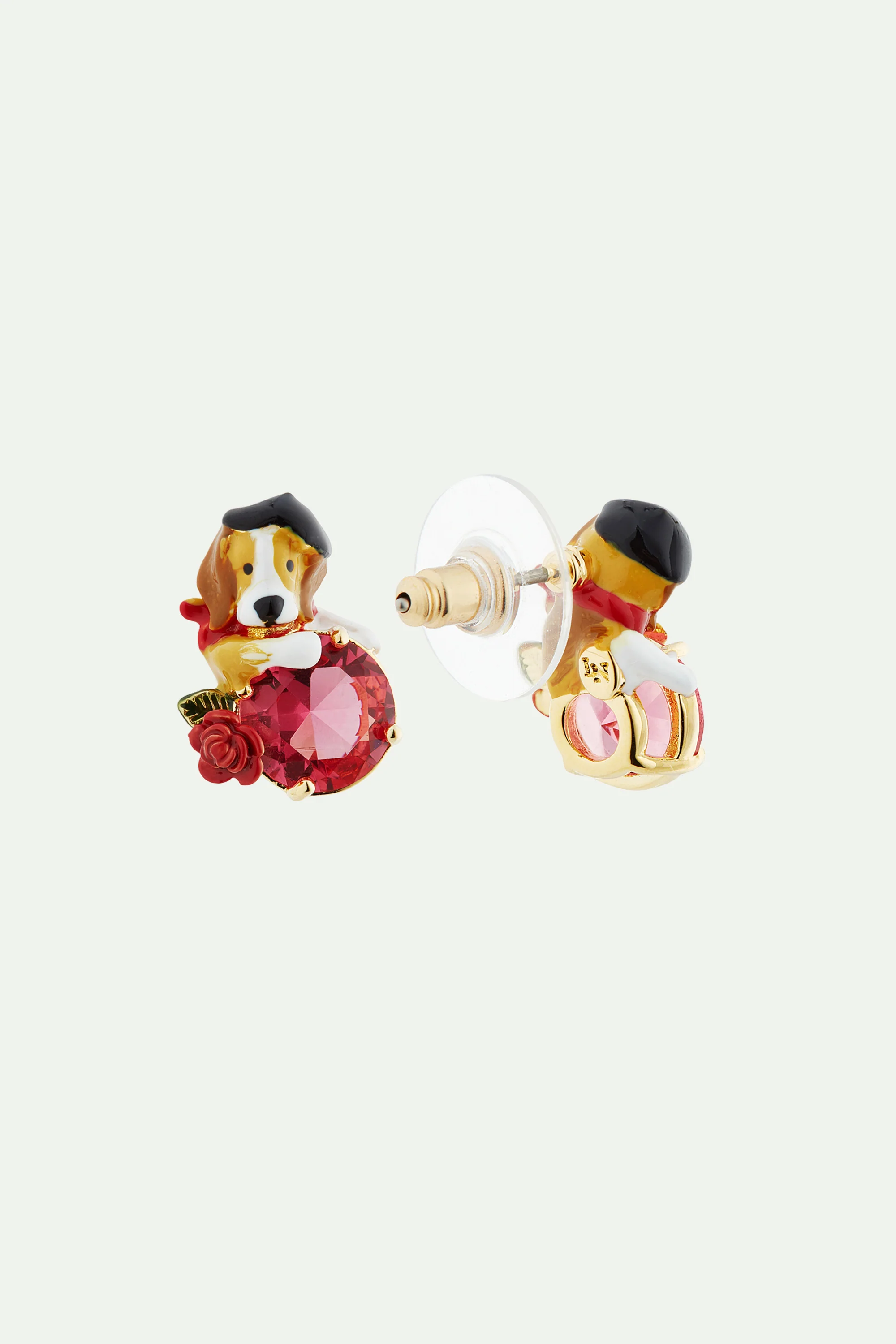 Boucles d'oreilles tiges beagle et pierre en verre taillé rose - Image 3