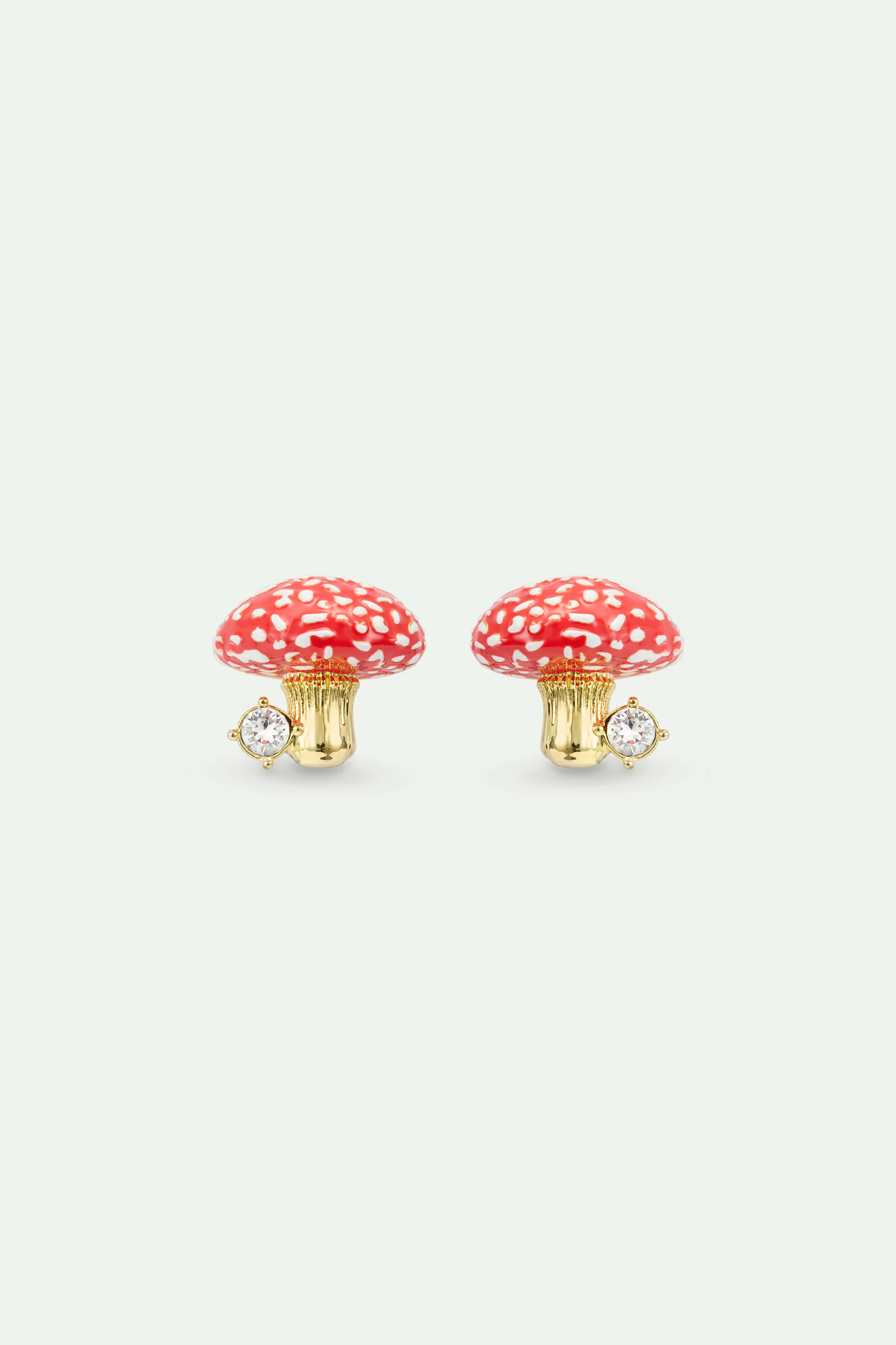 Boucles d'oreilles tiges champignon rouge et doré, et cristal facetté