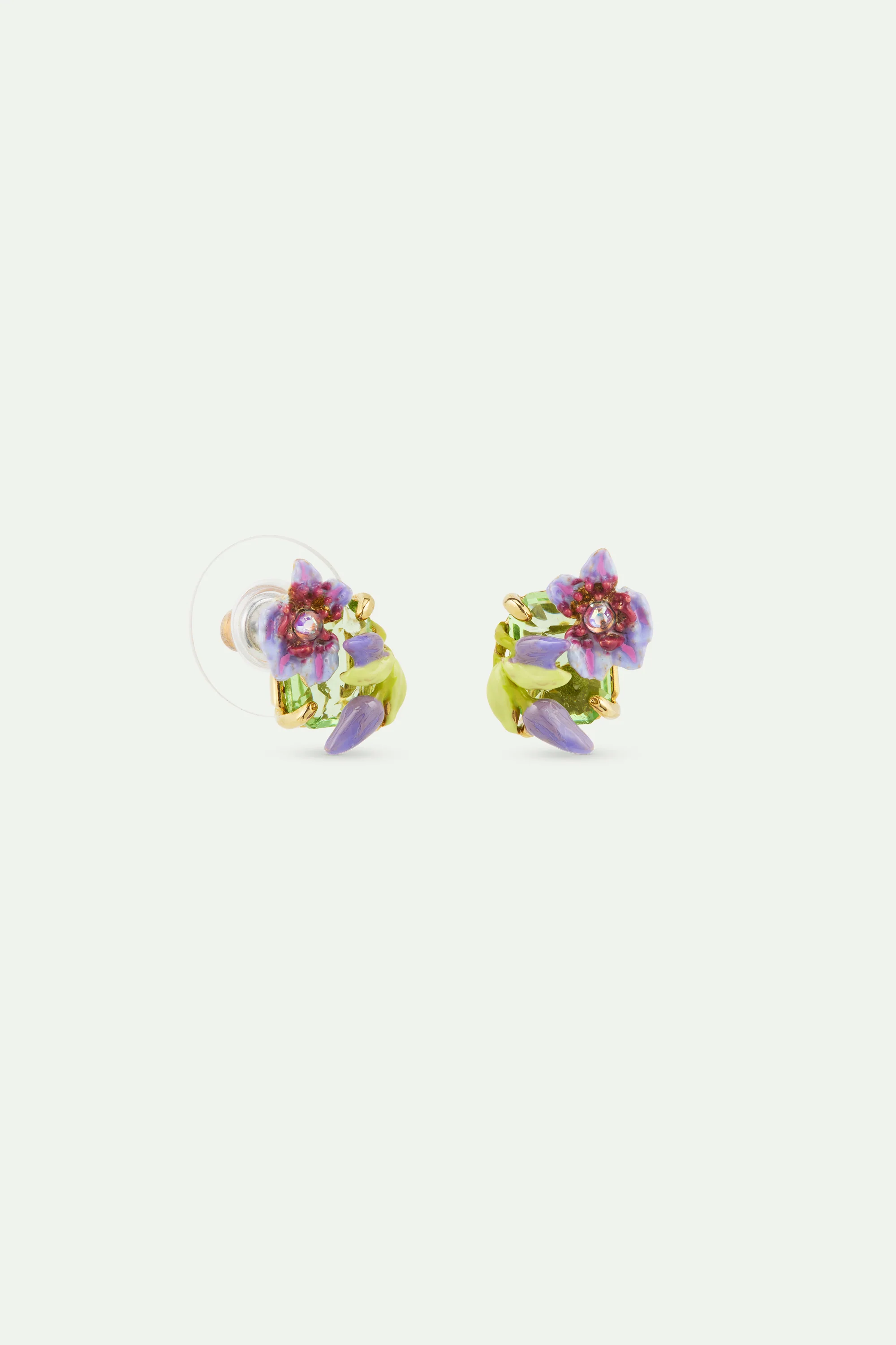 Boucles d'oreilles tiges clématite violette, lierre et verre facetté taille émeraude vert - Image 3