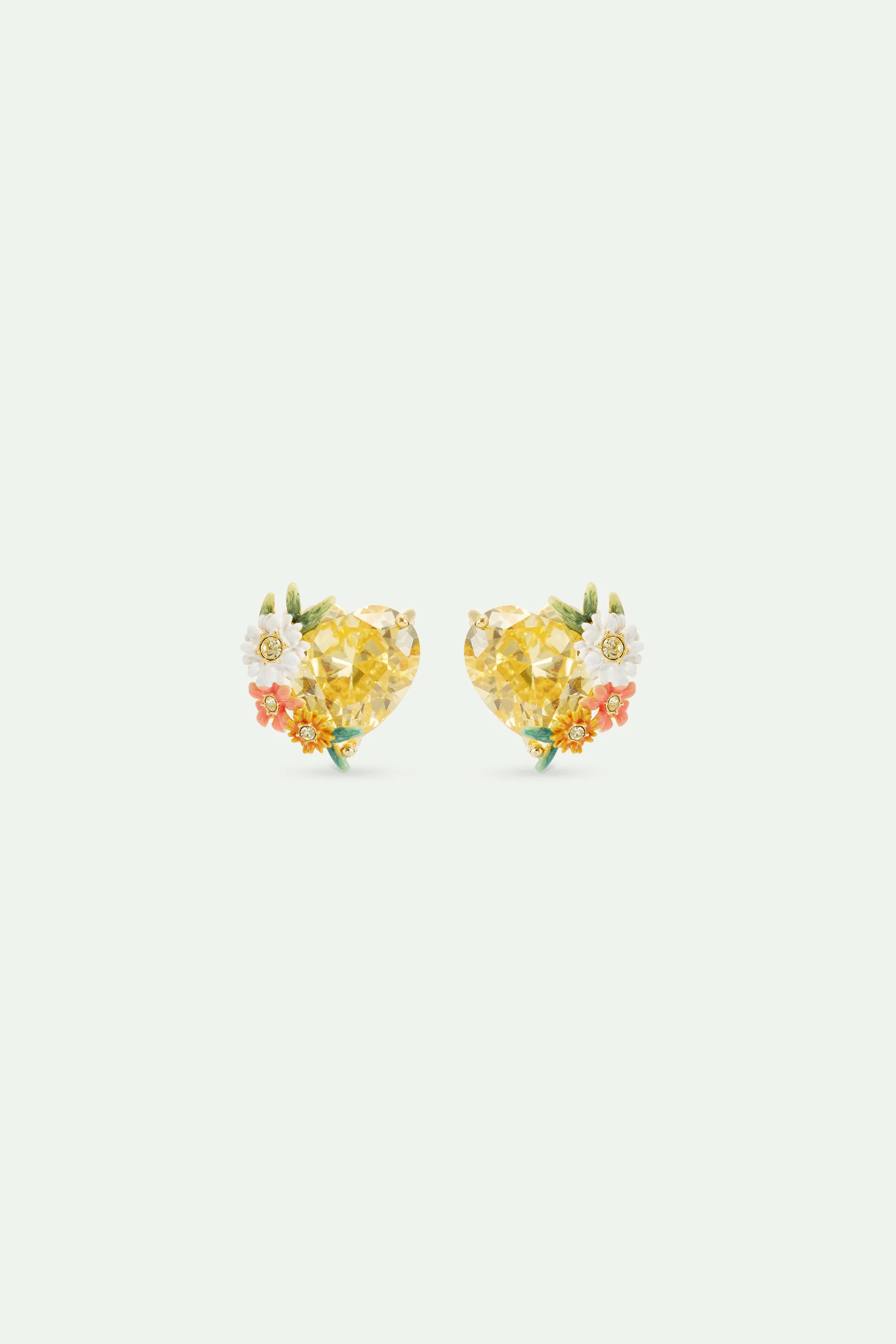 Boucles d'oreilles tiges cœur jaune, fleurs zinnias et pâquerettes