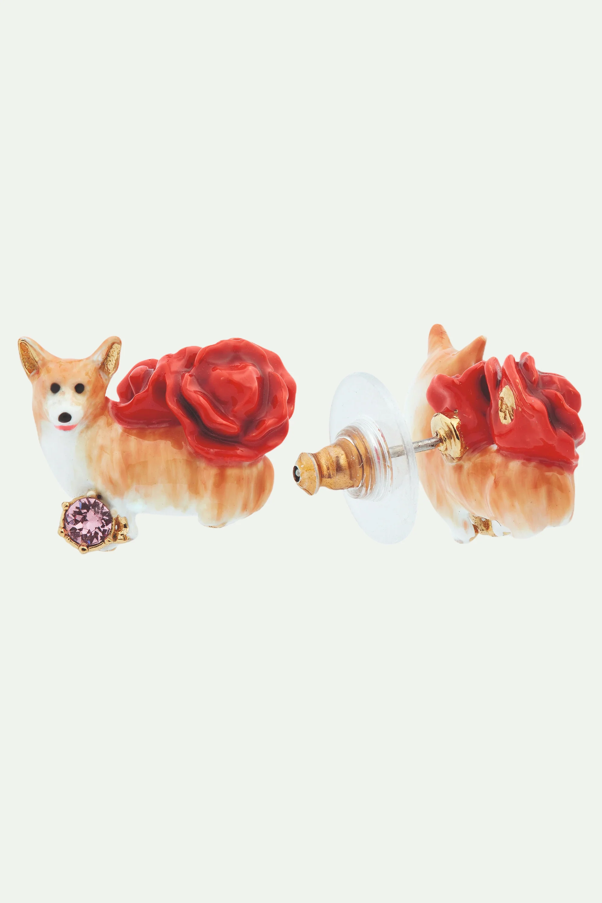 Boucles d'oreilles tiges corgi et rose rouge - Image 2