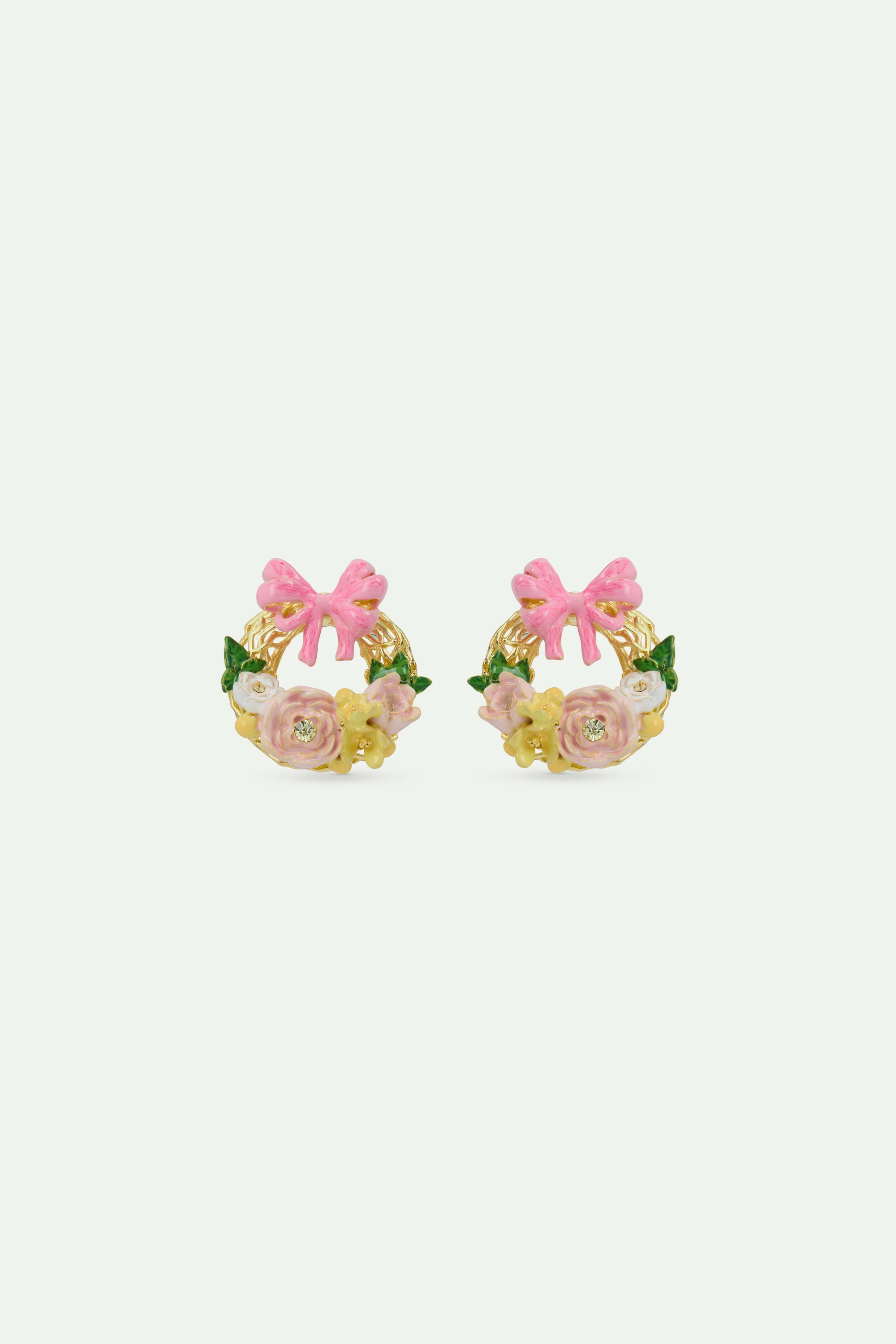 Boucles d'oreilles tiges couronne de fleurs et noeud rose