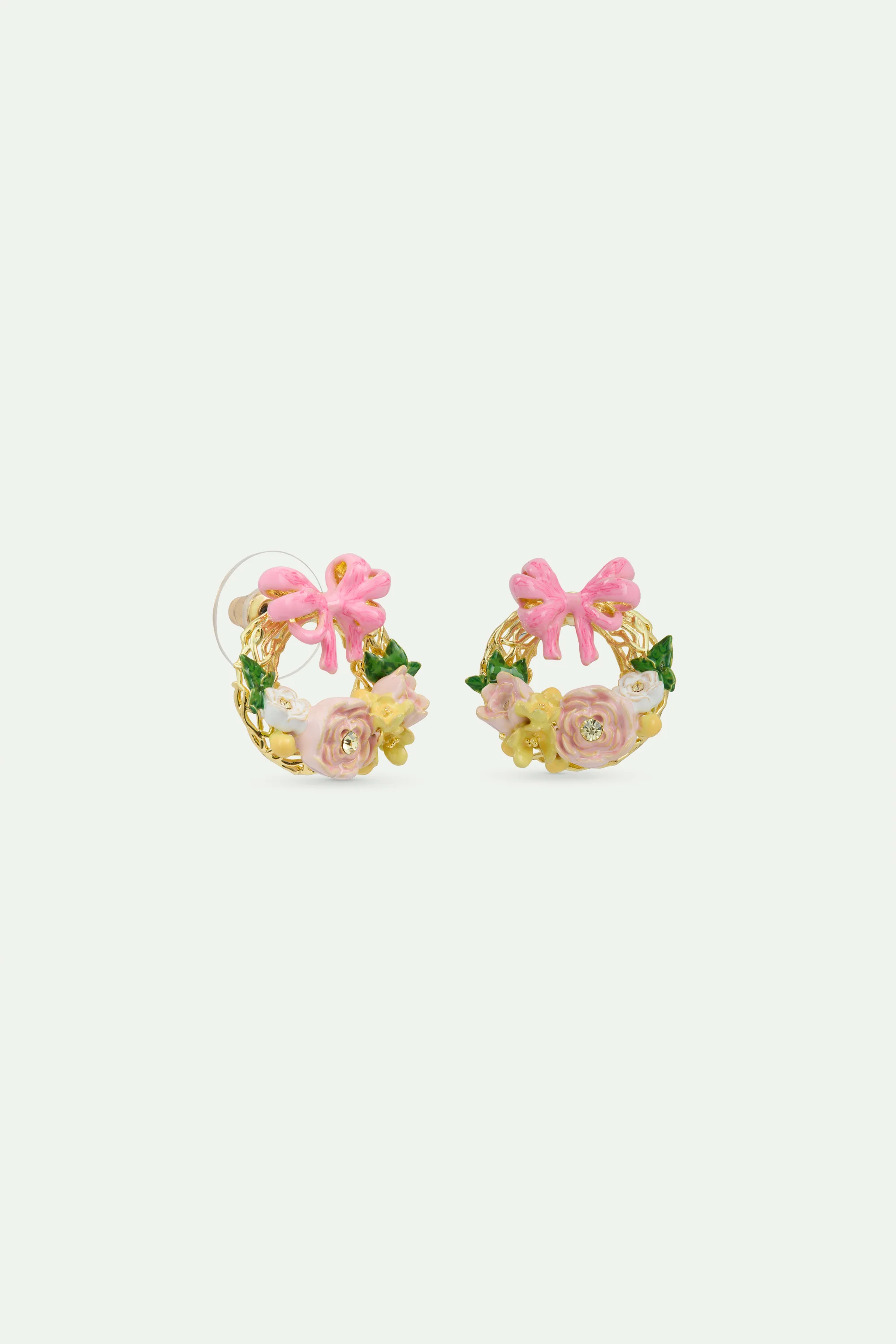 Boucles d'oreilles tiges couronne de fleurs et noeud rose - Image 3
