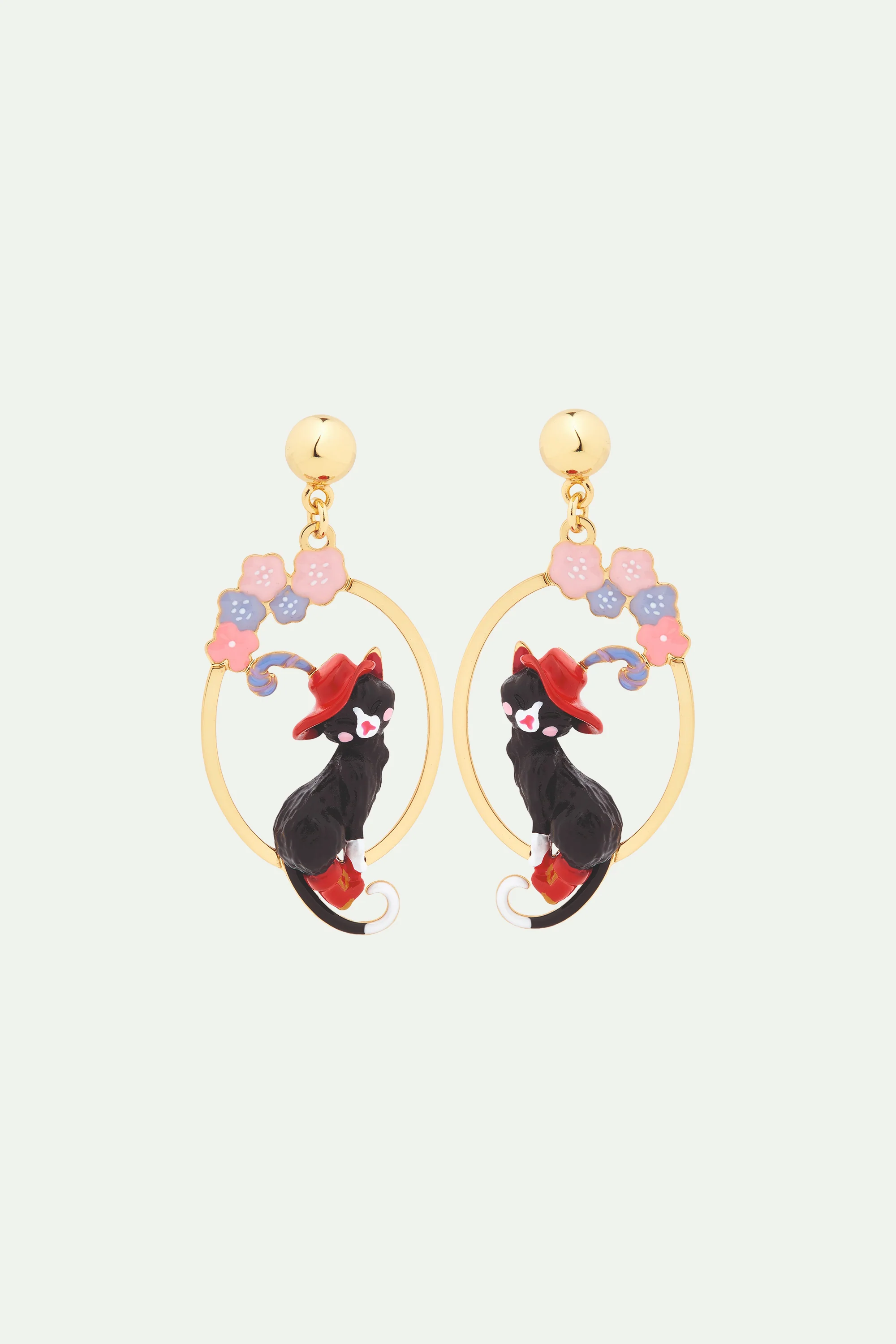Boucles d'oreilles tiges créoles chat charmant et fleurs