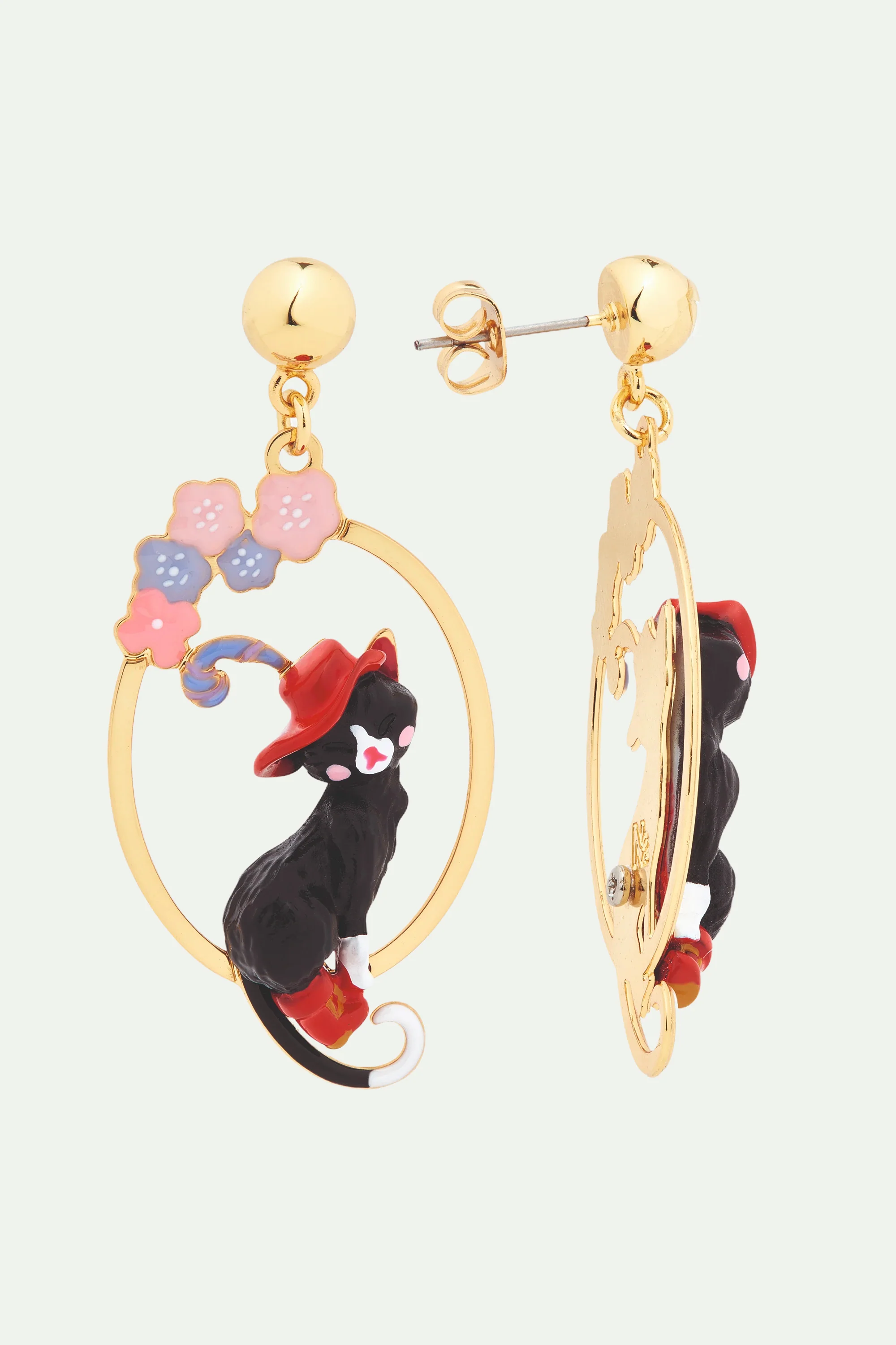 Boucles d'oreilles tiges créoles chat charmant et fleurs - Image 2