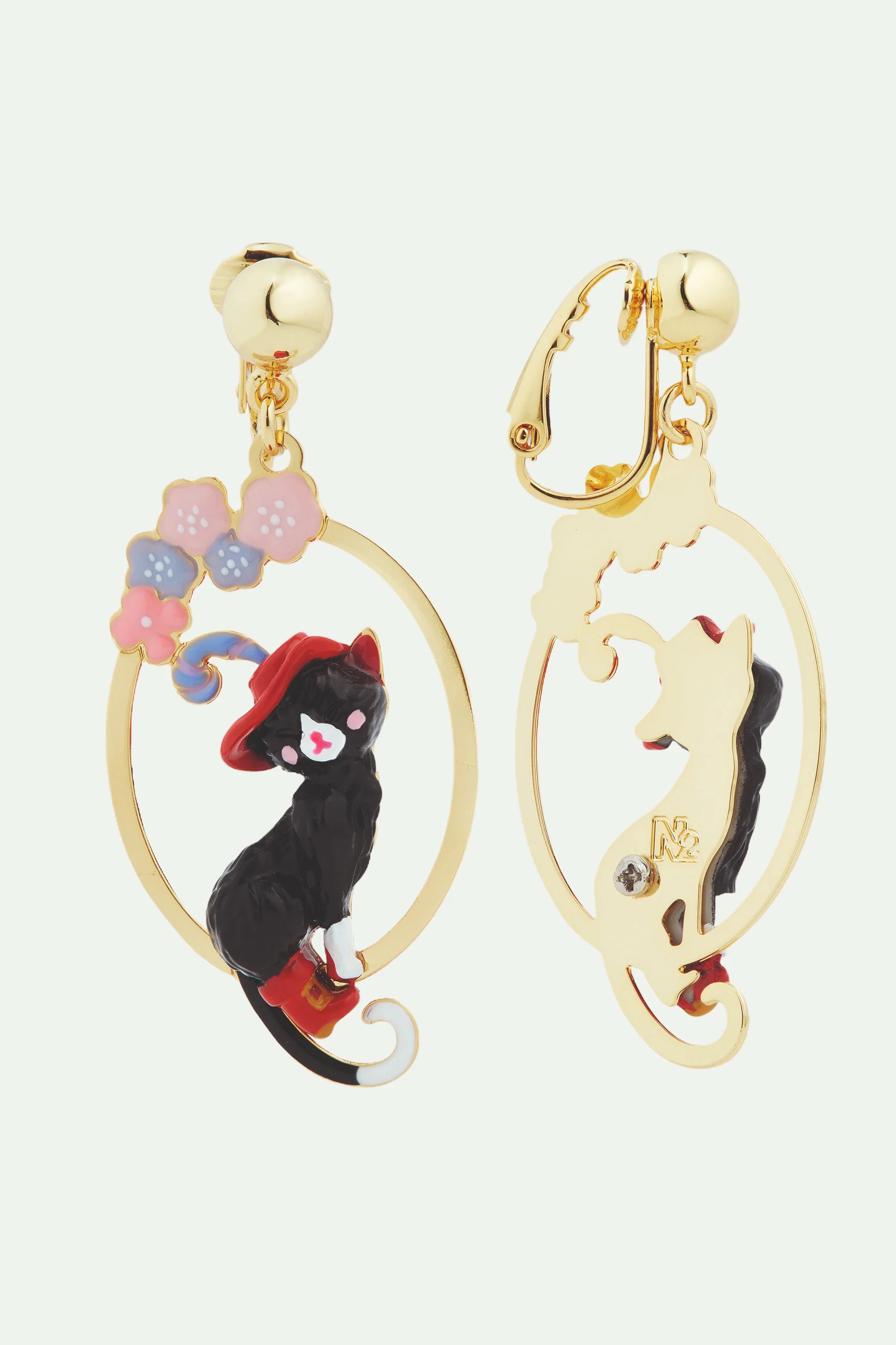Boucles d'oreilles tiges créoles chat charmant et fleurs - Image 4