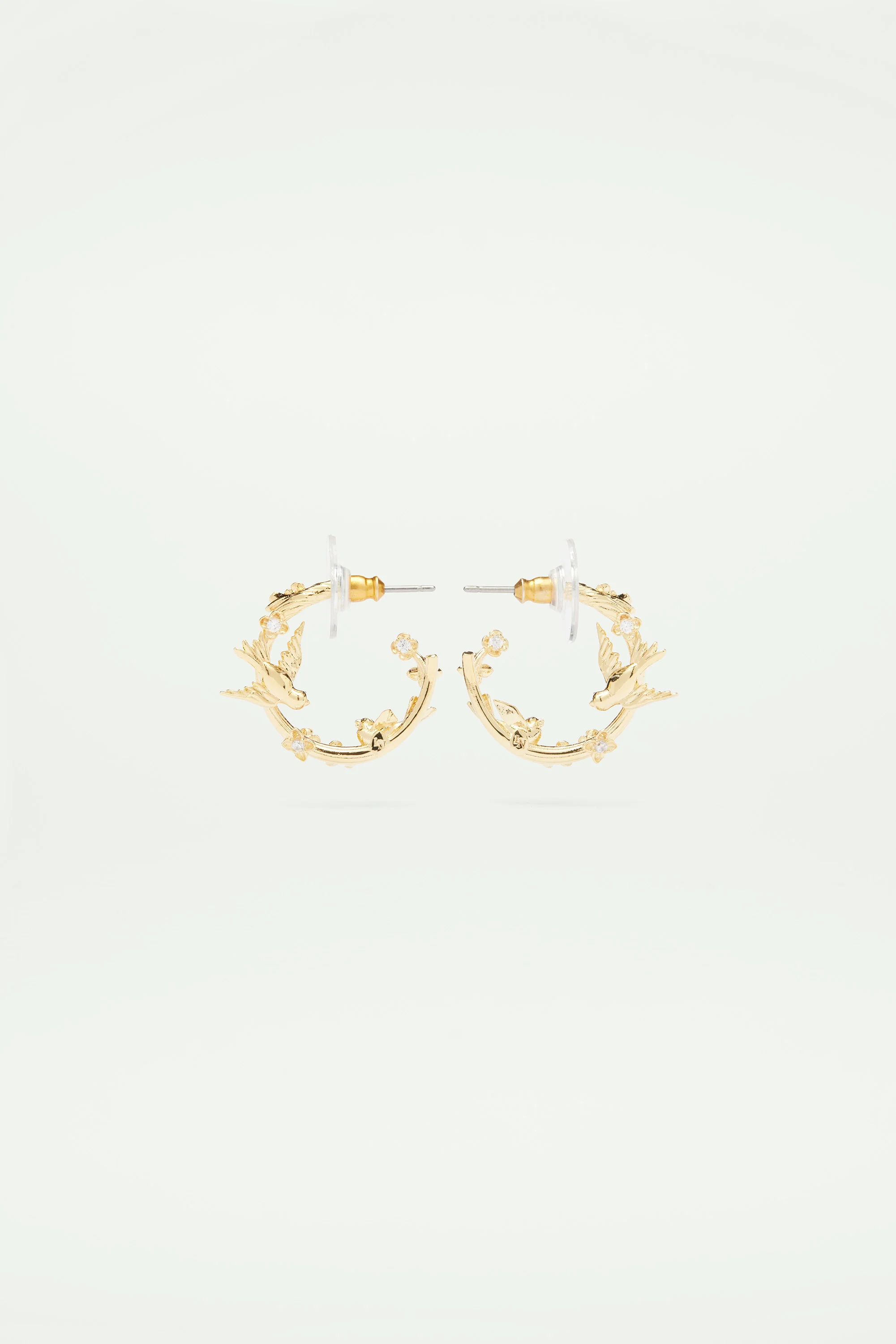 Boucles d'oreilles tiges créoles dorées oiseaux, fleurs et cristaux