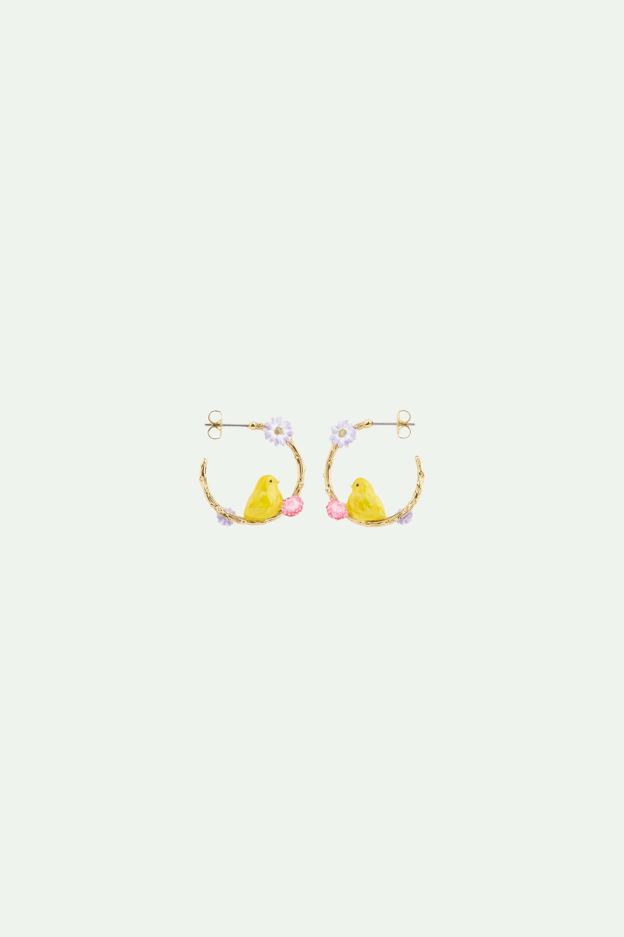 Boucles d'oreilles tiges créoles Poussin de Pâques et fleurs violettes et rose