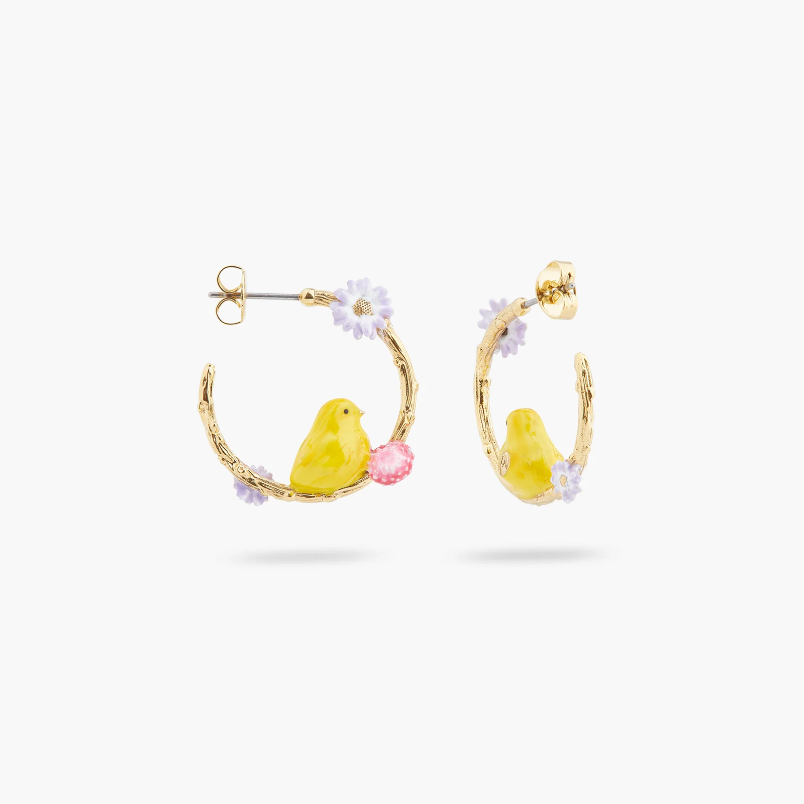 Boucles d'oreilles tiges créoles Poussin de Pâques et fleurs violettes et rose - Image 2