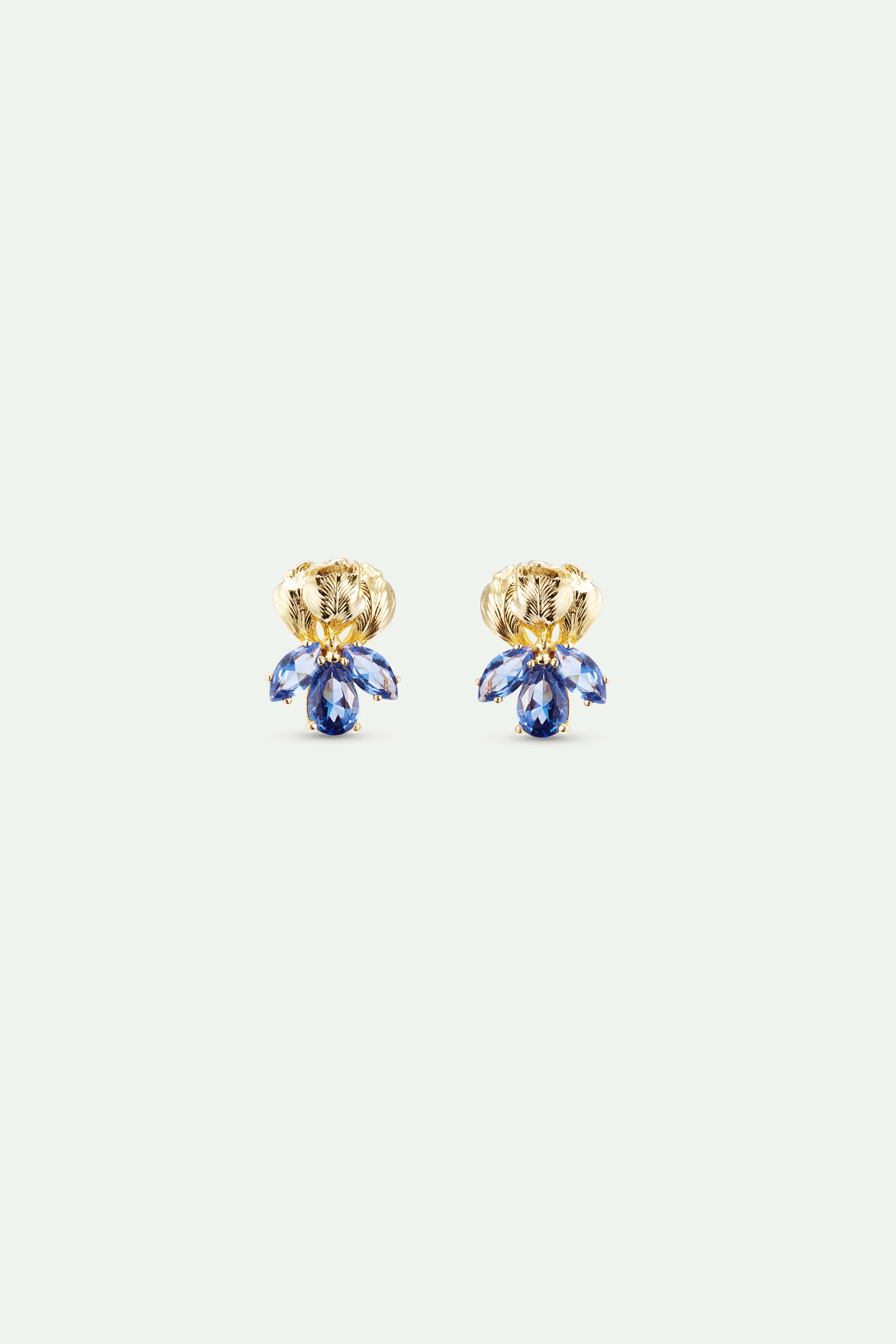 Boucles d'oreilles tiges dorées iris et pierres bleues