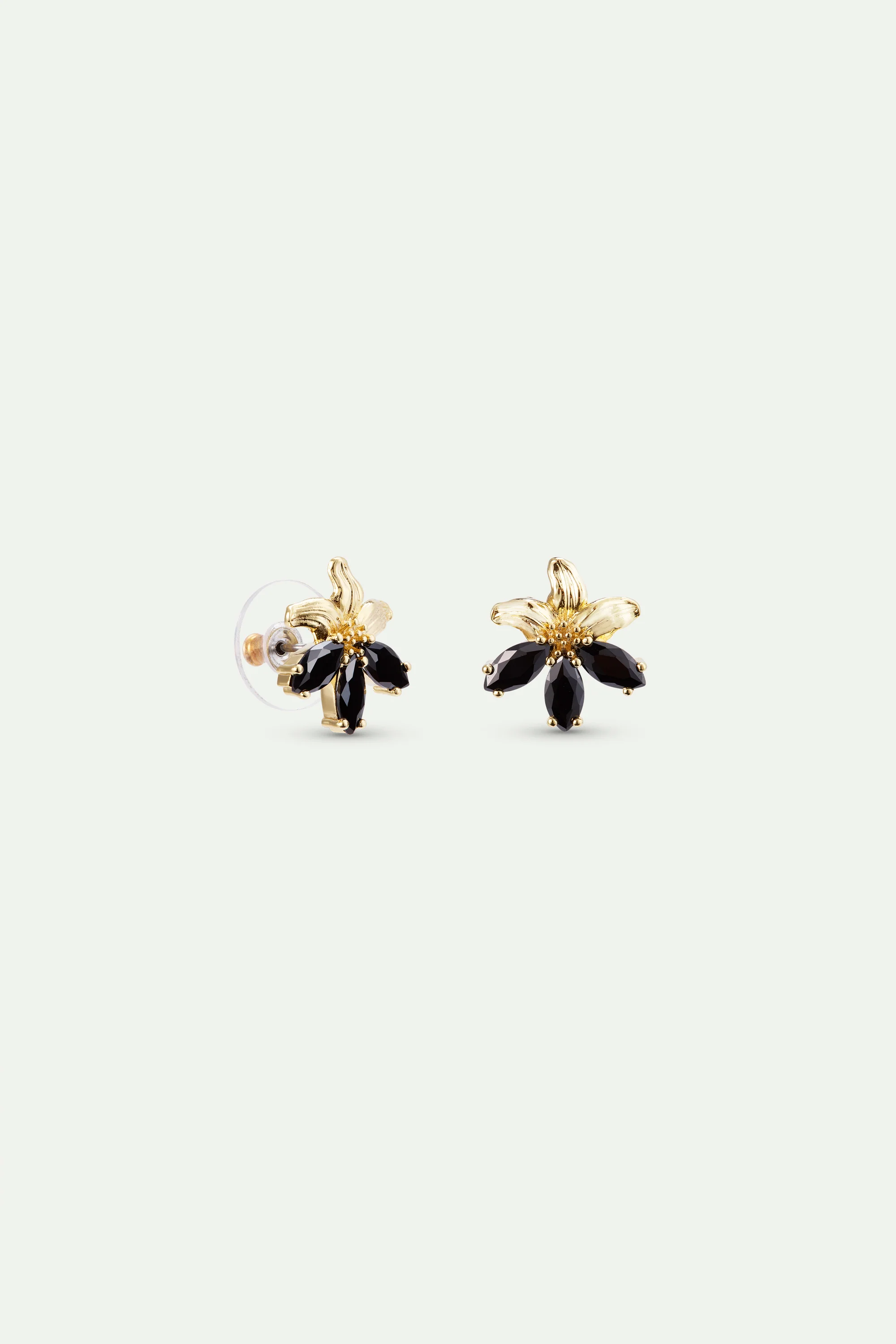Boucles d'oreilles tiges dorées lys et pierres noires - Image 3