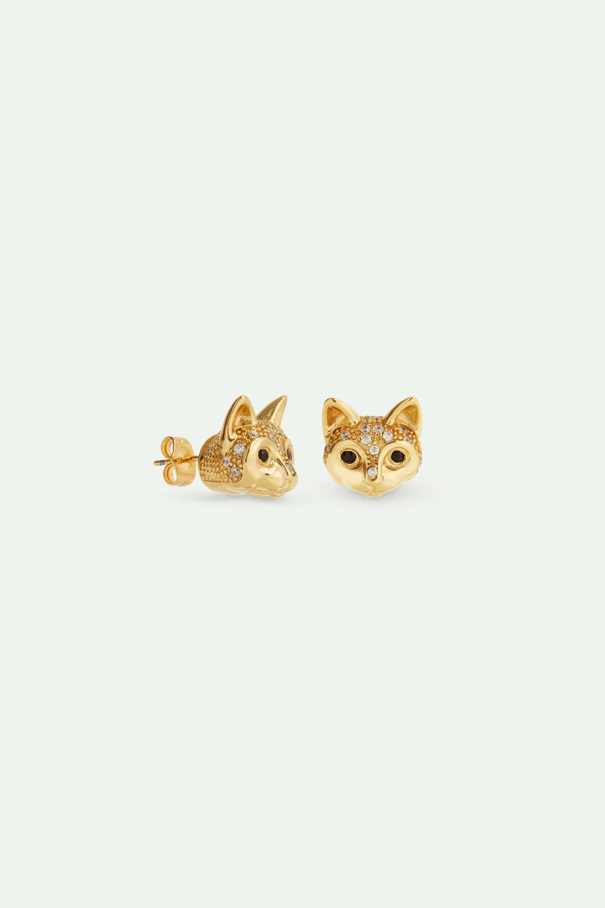 Boucles d'oreilles tiges dorĂ©es tĂȘte de chat et cristaux - Image 3