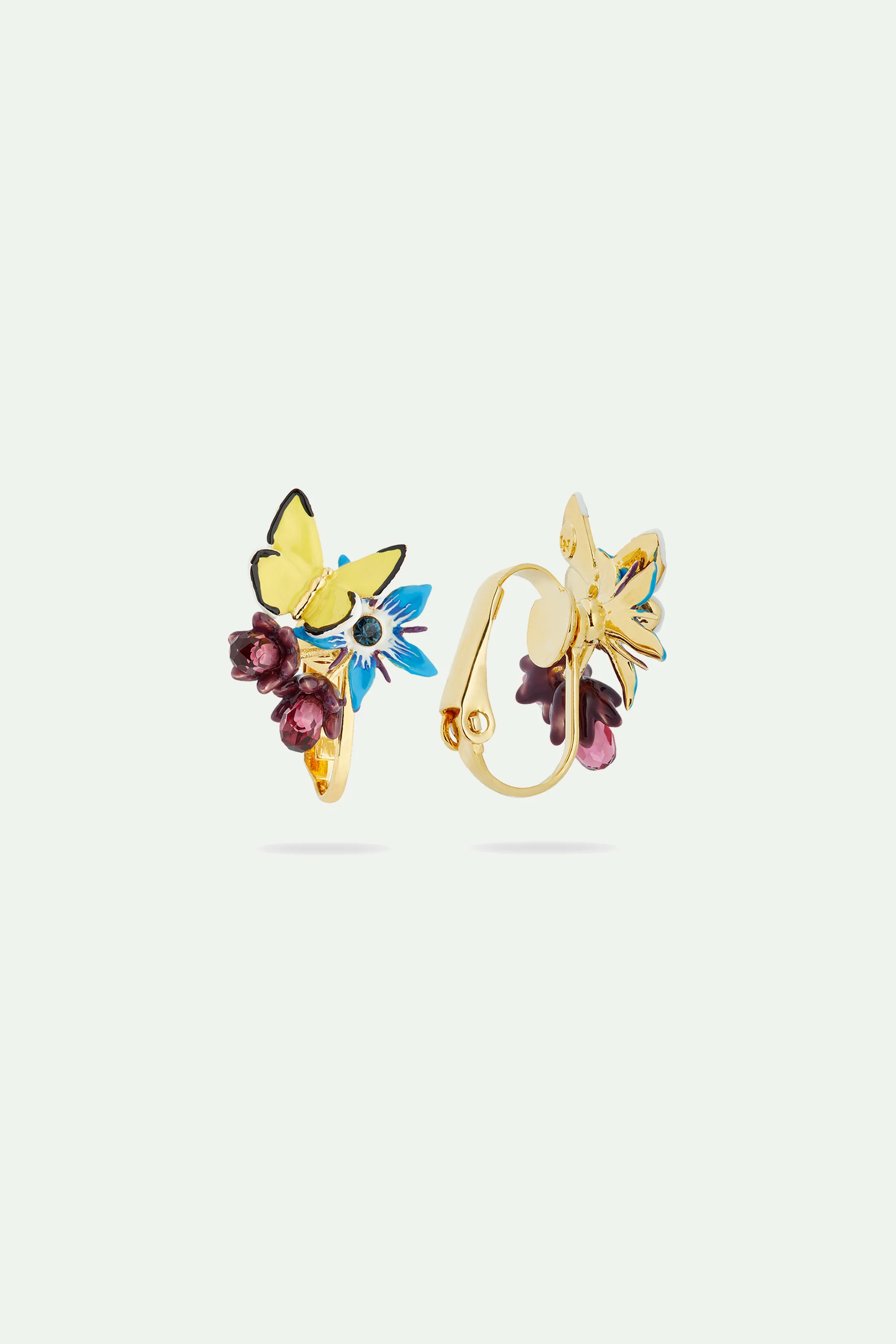 Boucles d'oreilles tiges fleur bleue et papillon jaune - Image 3