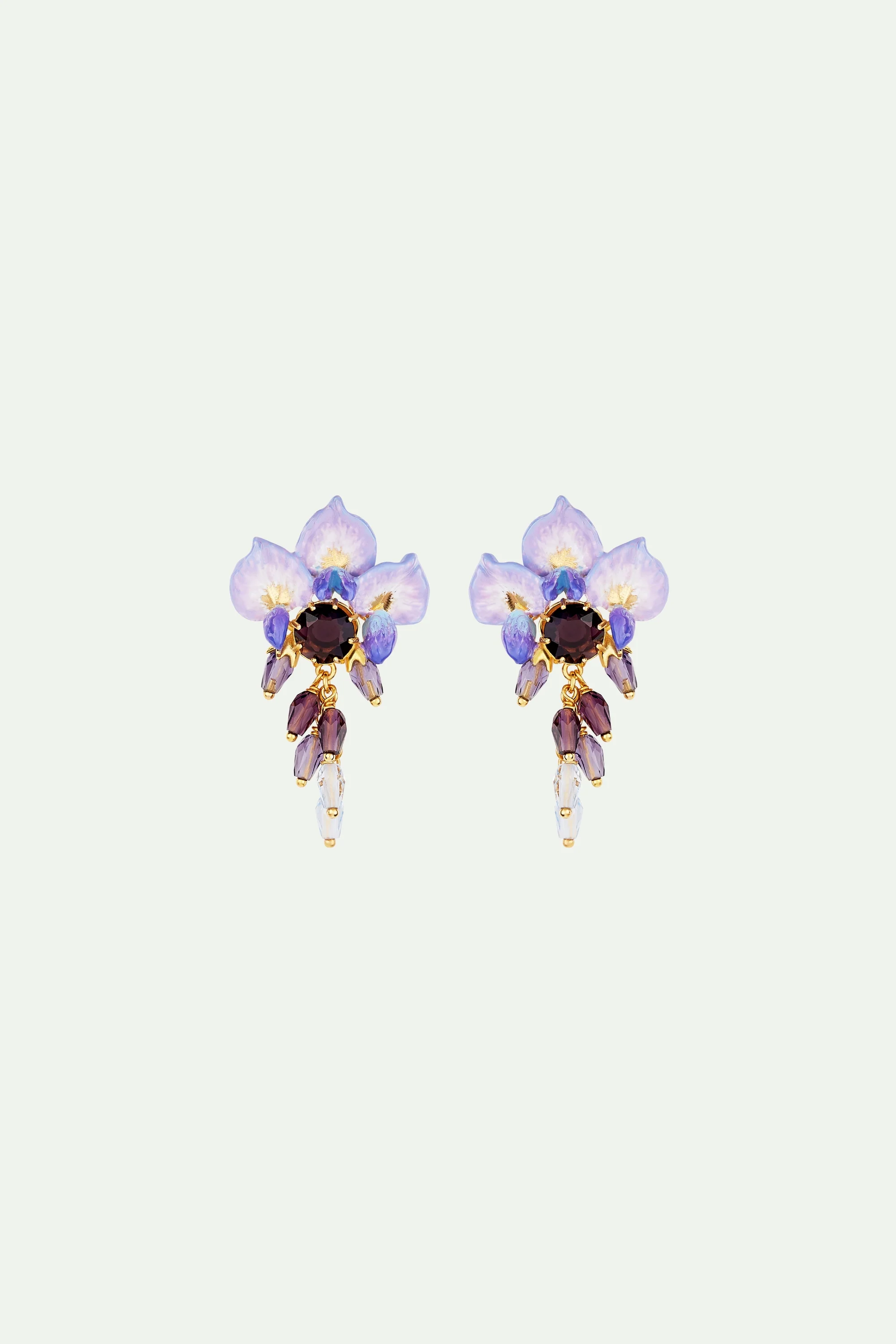 Boucles d'oreilles tiges fleur de glycine et perles et pierre de verre facetté