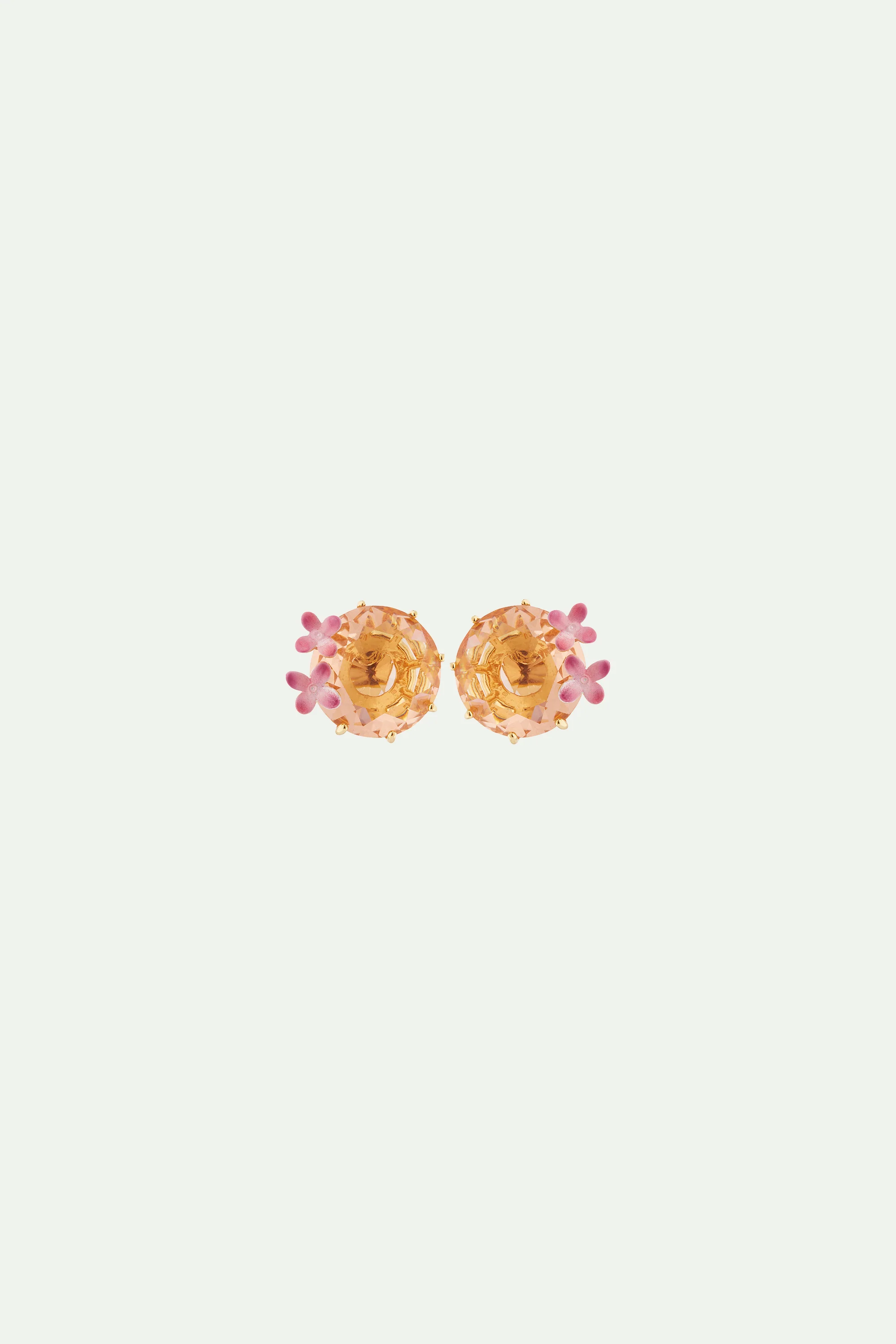 Boucles d'oreilles tiges fleurs et pierre ronde la diamantine rose abricot