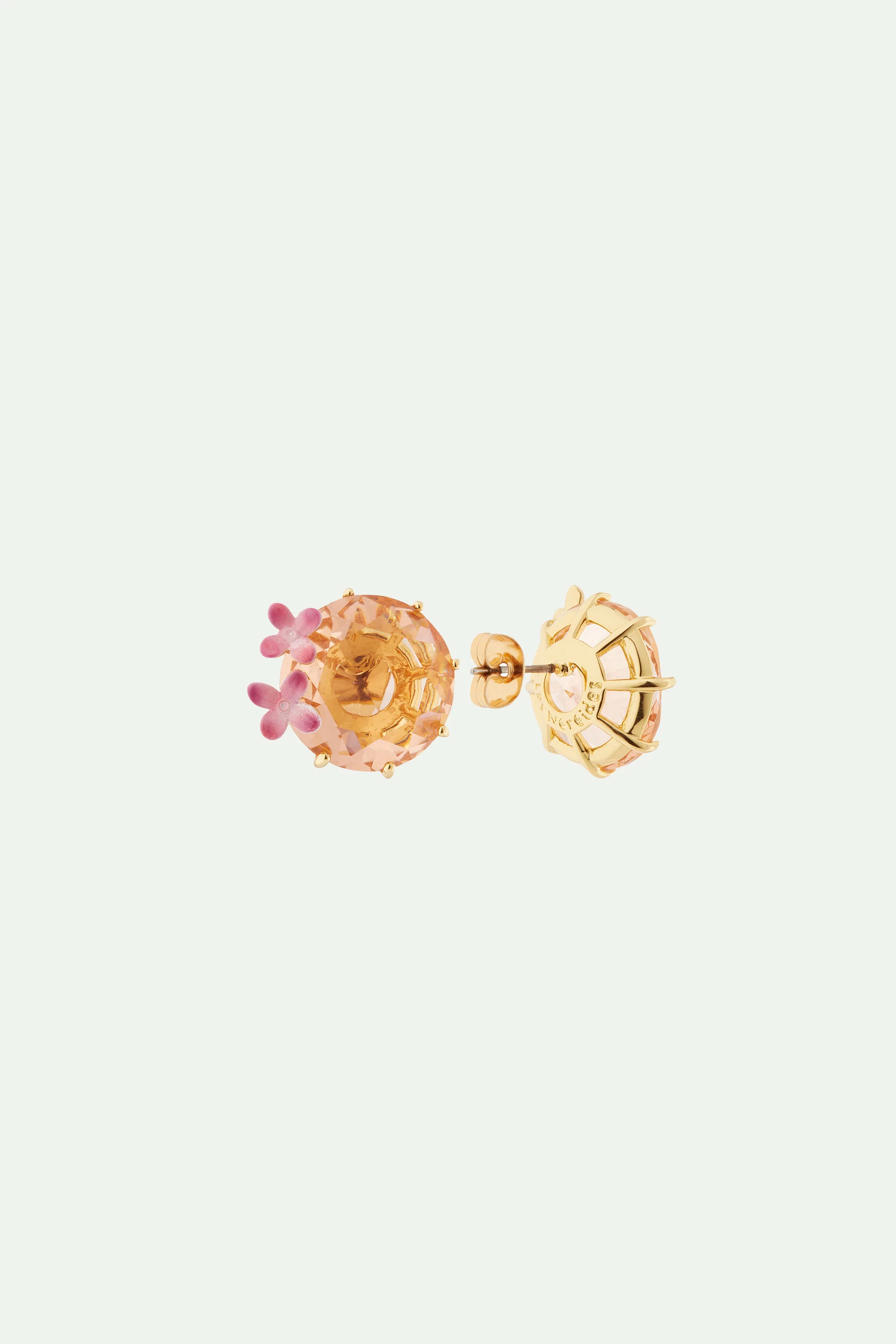 Boucles d'oreilles tiges fleurs et pierre ronde la diamantine rose abricot - Image 2