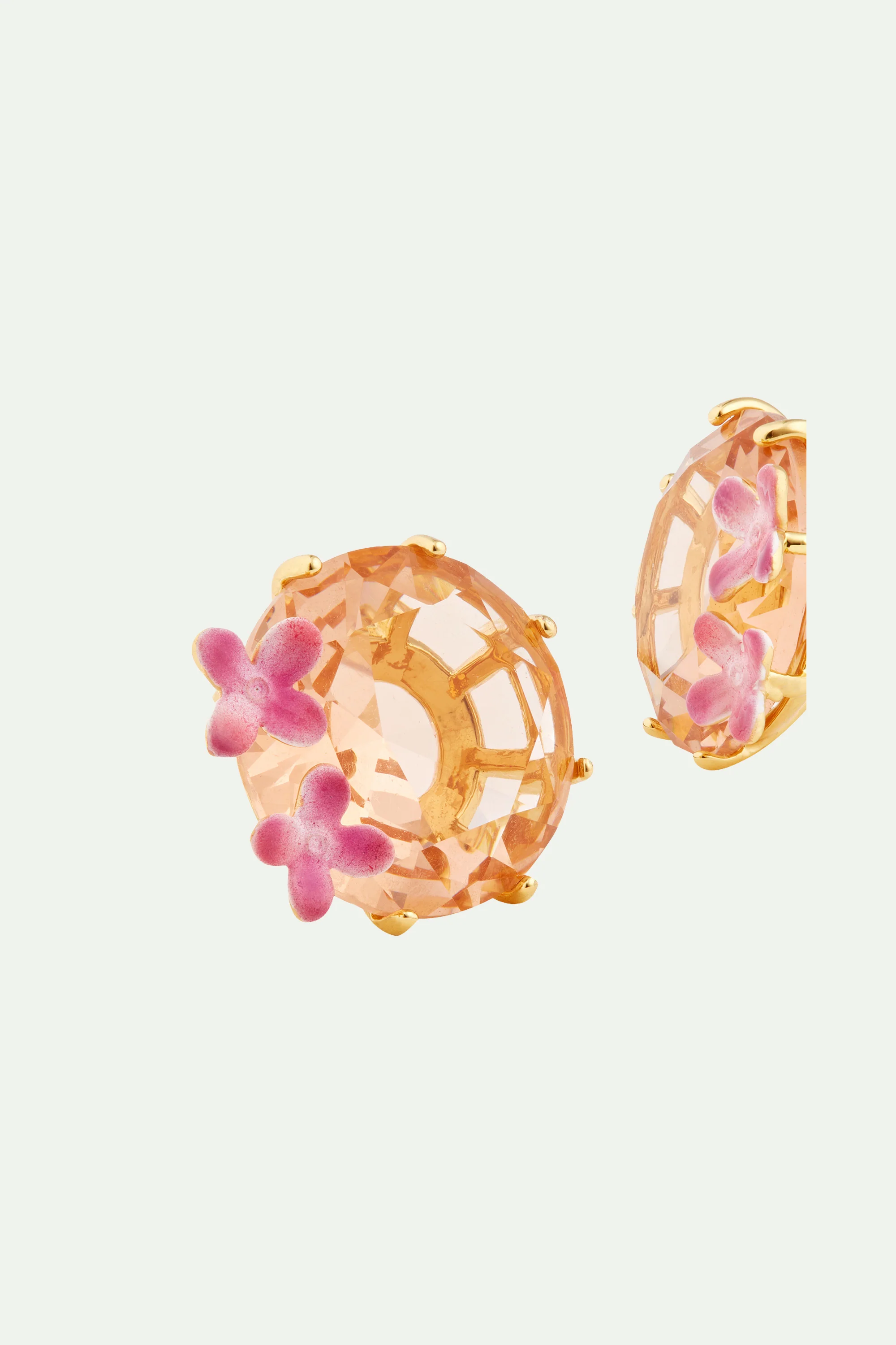 Boucles d'oreilles tiges fleurs et pierre ronde la diamantine rose abricot - Image 3