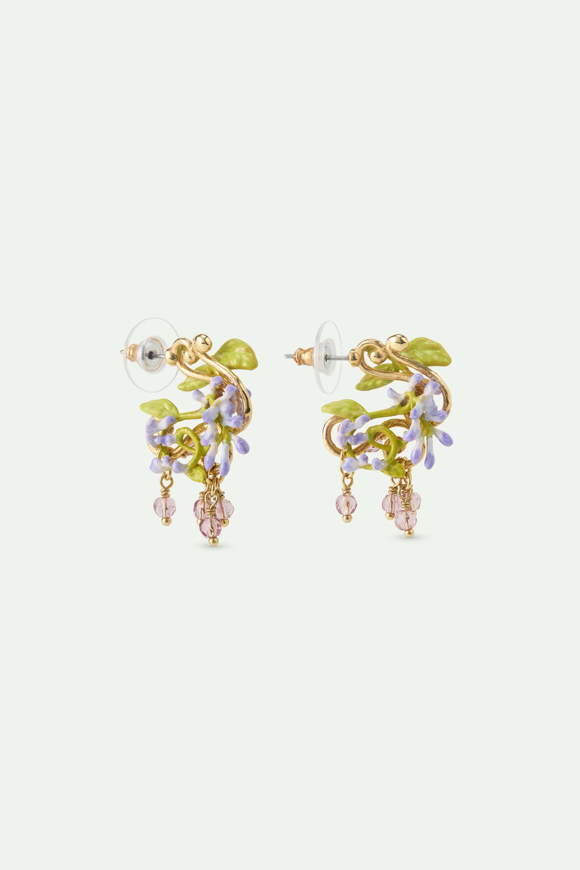 Boucles d'oreilles tiges glycine violette sur arabesque dorée, lierre et perles de cristal facettées - Image 4