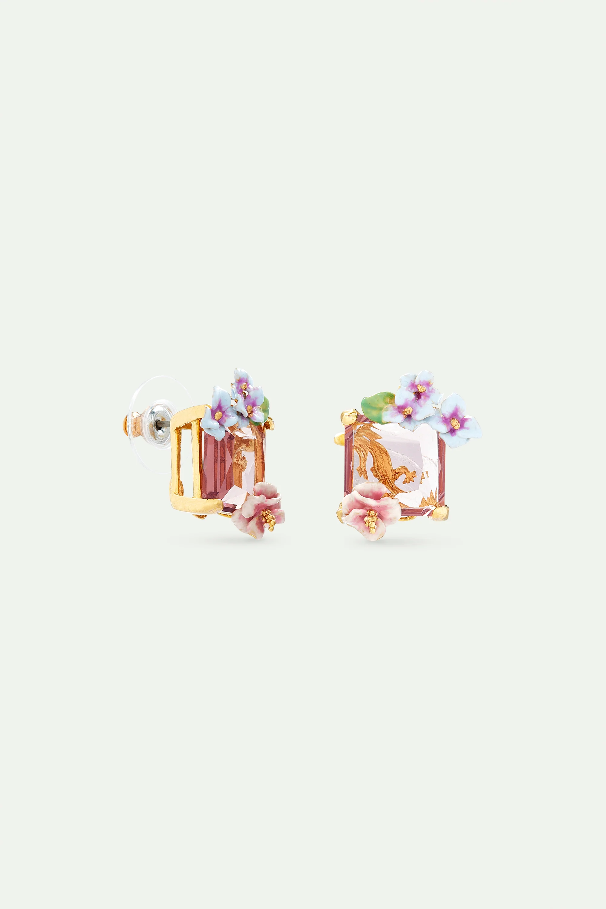 Boucles d'oreilles tiges lézard, pierre taillée rosée et fleurs d'hortensia - Image 3