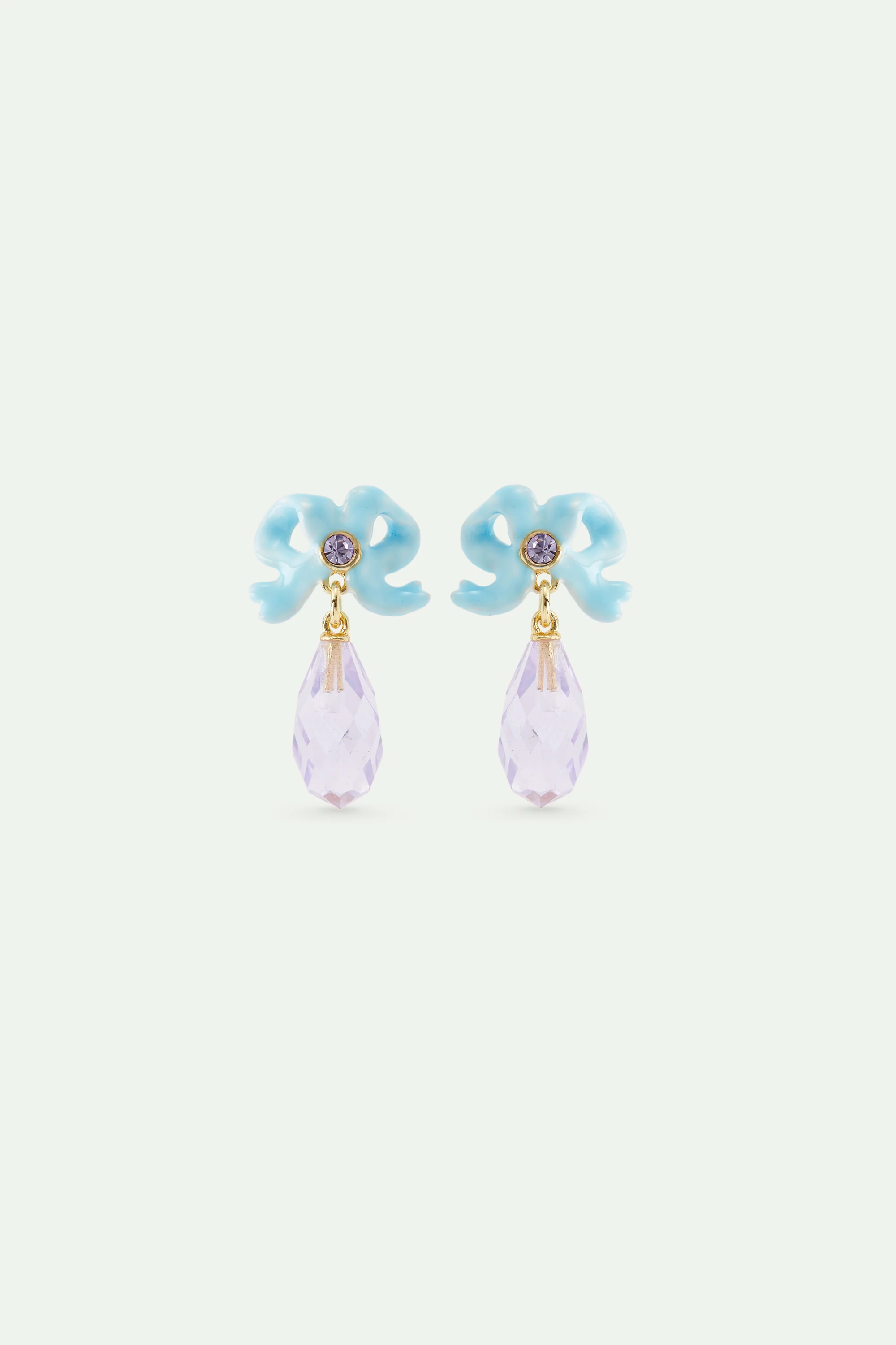 Boucles d'oreilles tiges mariage, ruban bleu et pierre taillée violette pendante