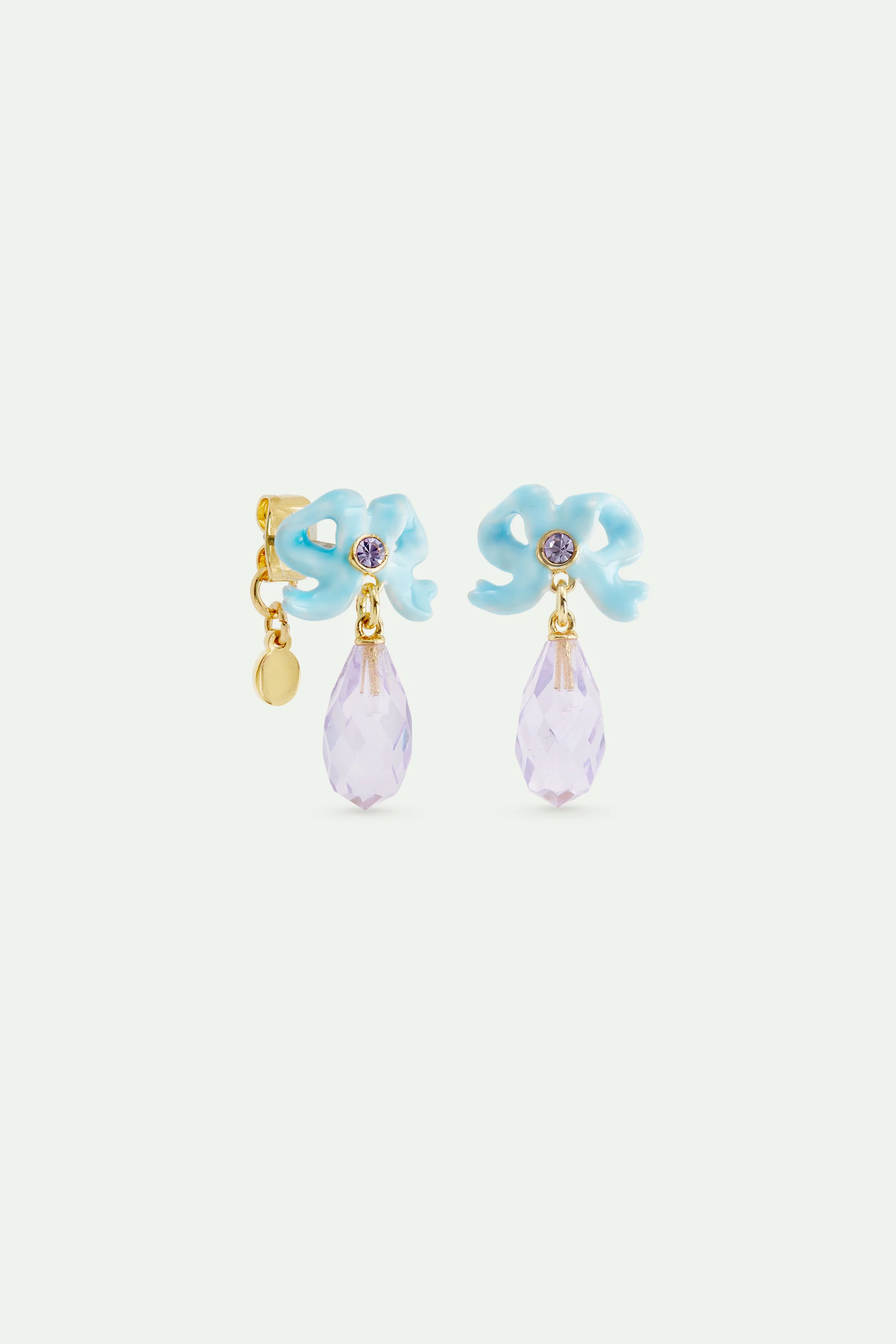 Boucles d'oreilles tiges mariage, ruban bleu et pierre taillée violette pendante - Image 2