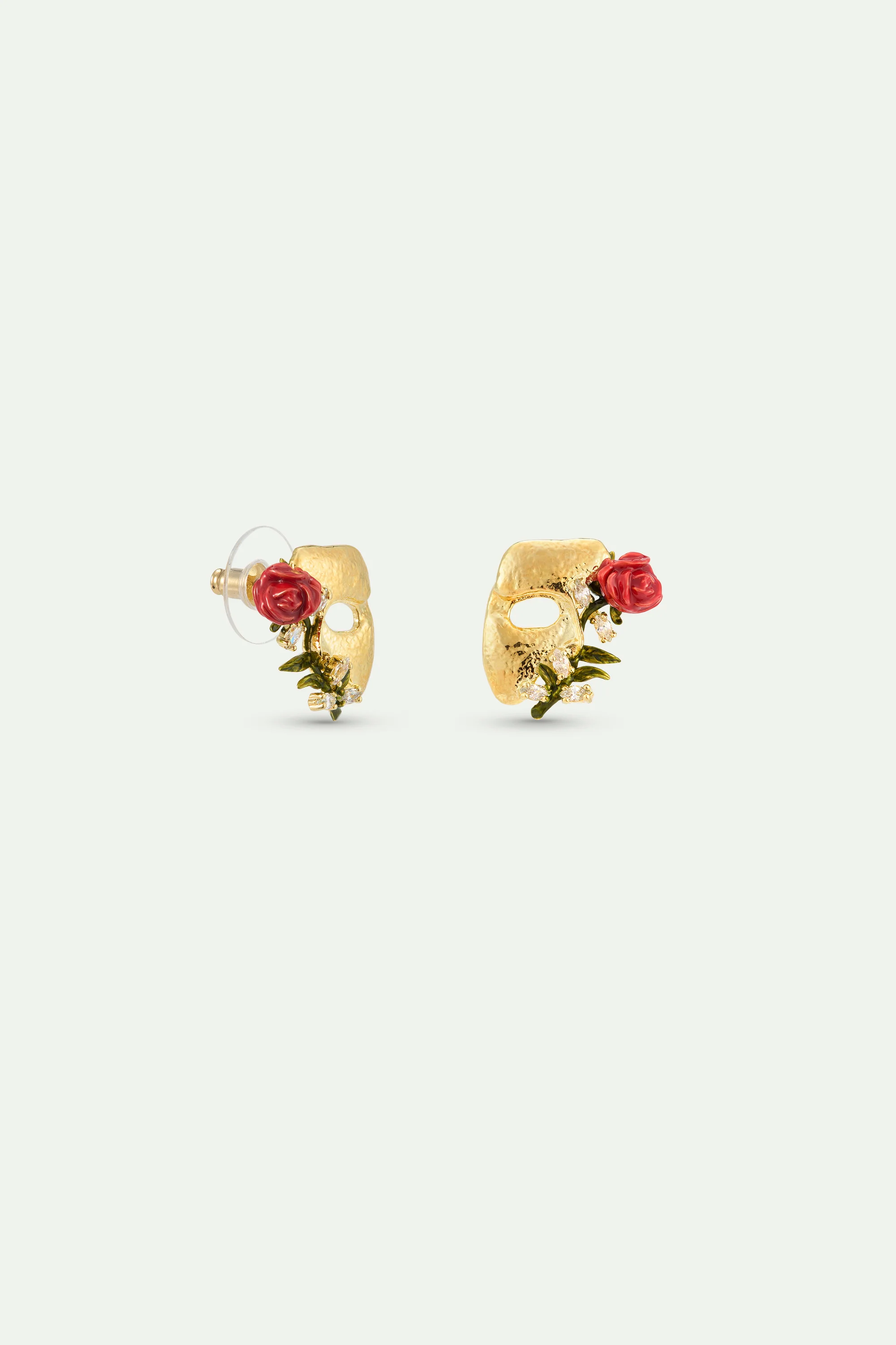 Boucles d'oreilles tiges masque doré, rose et cristaux - Image 3