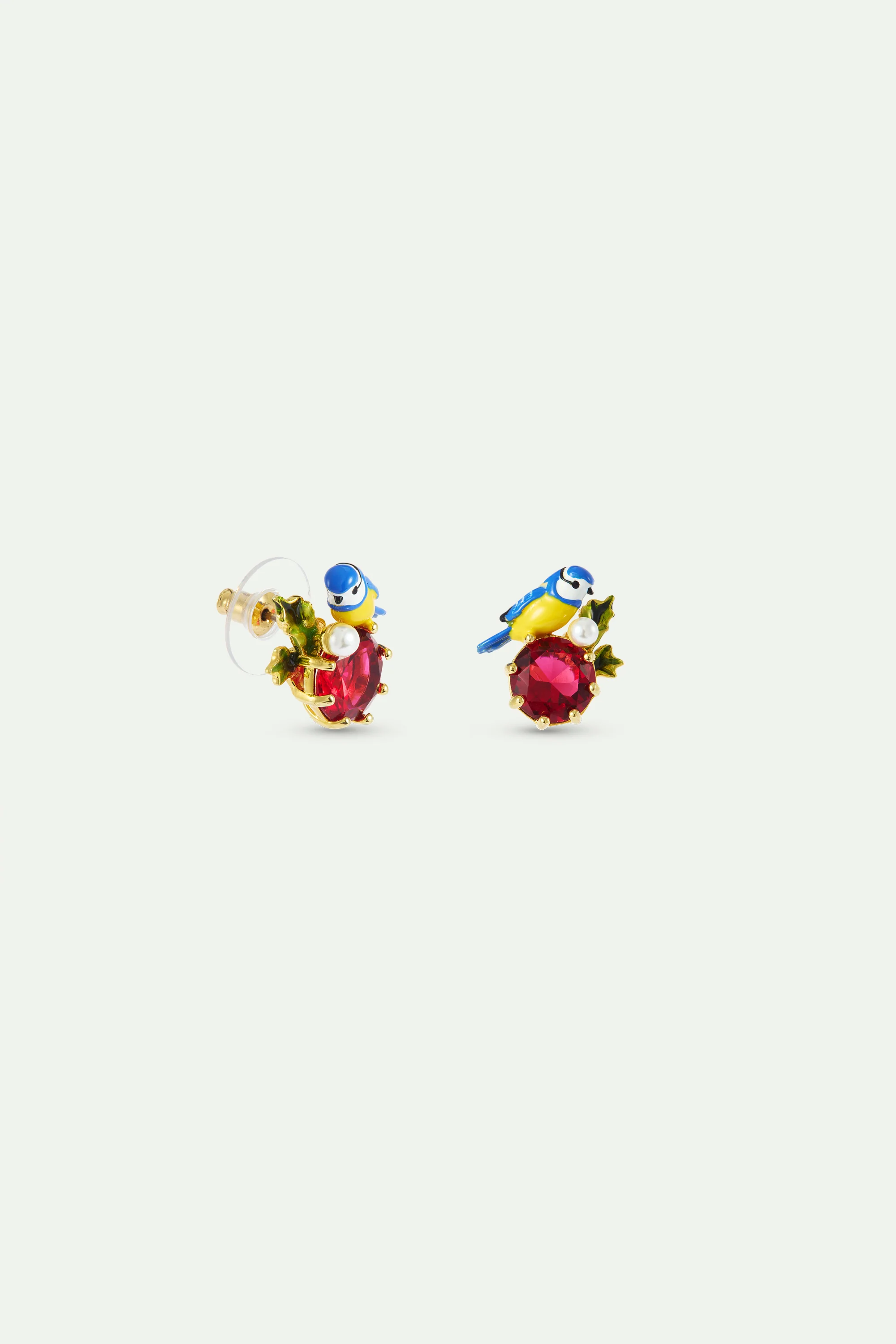 Boucles d'oreilles tiges mésanges et pierre ronde rouge - Image 3